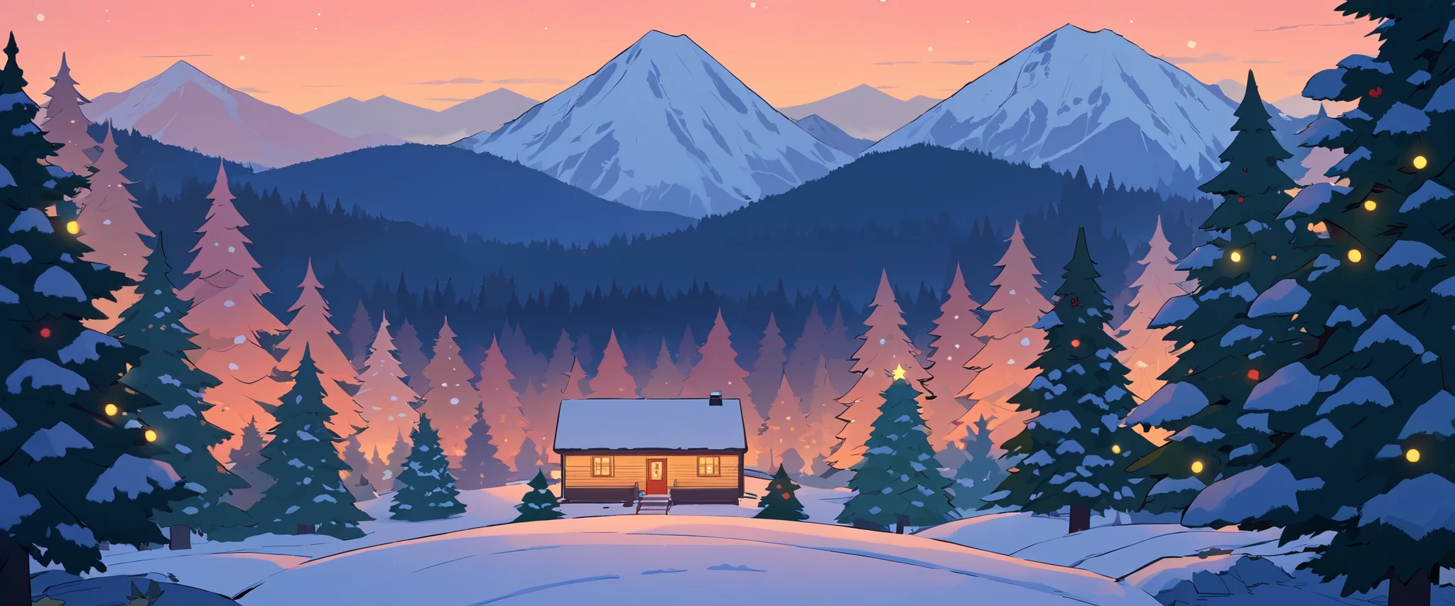 Christmas vibes ultrawide ,cozy ,lofi ,landscape ,forest ,mountain