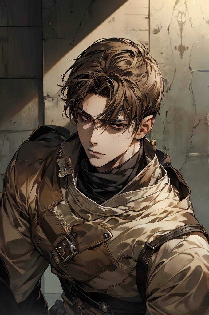 masterpiece,  Japanese Male Anime Characters, Light brown skin,  black eyes ,  Shorthair,  fine and beautiful eyes, Perfect Eyes,  depth of field,  Eyes and Face Carefully Drawn in Every Detail, Muscular,  Very detailed,  Anime Character Art,  calm look,  leaning against a wall, 