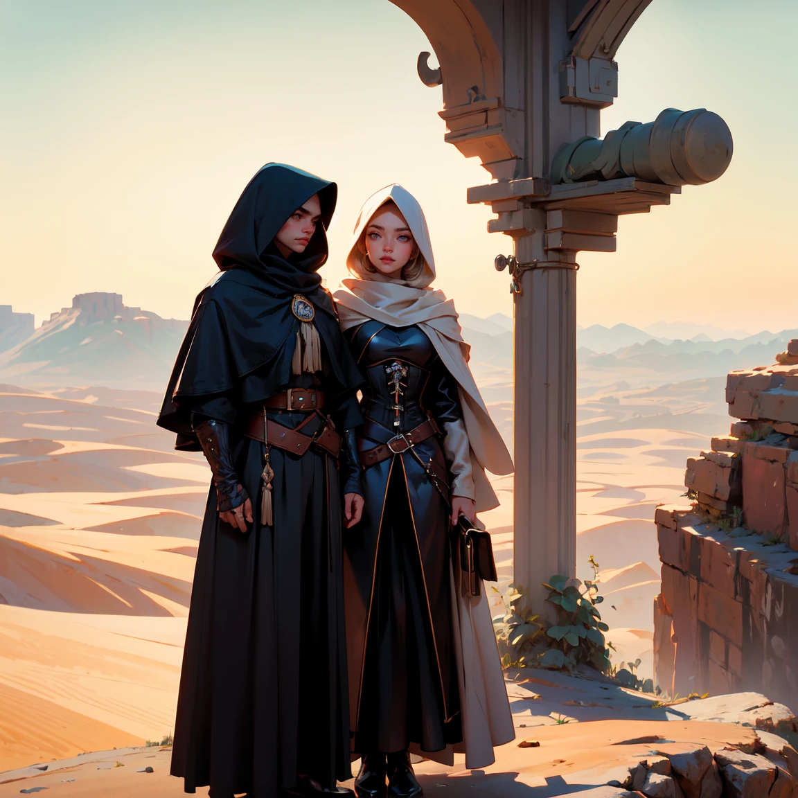 a group of assassins in black hood, all of them are hijabi girls with corset and leather attire,standing on a cliff and watching the land below them, desert scene, 