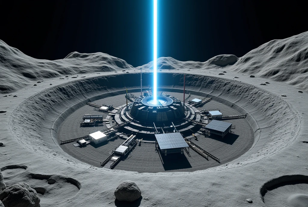 ((masterpiece, highest quality, Highest image quality, High resolution, photorealistic, Raw photo, Extremely detailed CG unified 8k wallpaper)), Solar power facility on the moon seen from above, one laser blue light extending upward, high contrast, black and white world, realistic power plant in a crater, detailed lunar landscape, bird's eye view,