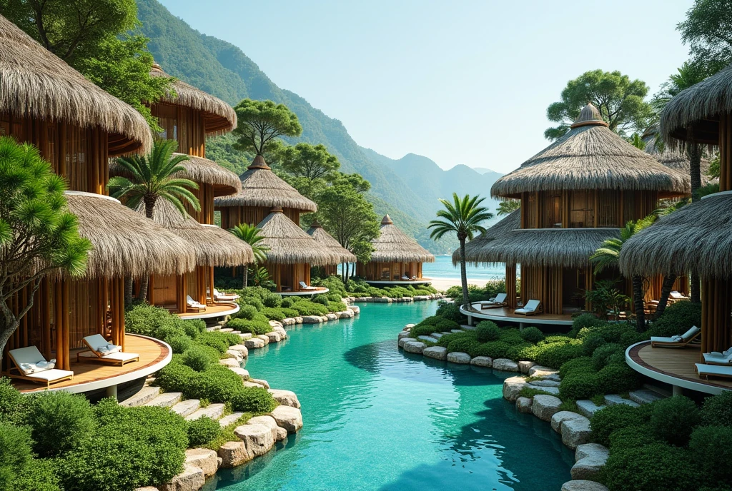 This image depicts a peaceful coastal retreat in Nha Trang, featuring several tall thatched bungalows nestled in a resort. A series of pools and natural-looking walkways wind through the vegetation overlooking the clear blue beach. The pools are a vibrant turquoise color, blending harmoniously with the surrounding greenery. The architecture of the bungalows incorporates natural materials such as bamboo and thatch, giving the setting an authentic, eco-friendly feel. The overall layout creates a sense of peace, relaxation, and immersion in the natural world.