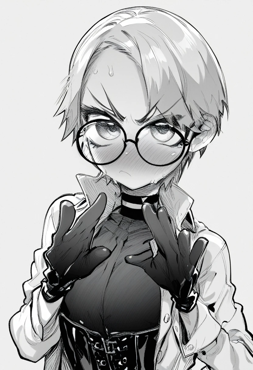 score_9, score_8_up, score_7_up, 1girl, solo, feminine, smart, slim, 20s, serious look,Hair: buzz cut, glasses, choker, long sleeve white collar buttoned shirt, black gloves, gloves covering hands, black leather corset, shiny black leggings, sweat, bedroom cute face, Anime Face, angry, blush, manga, monochrome, dekosukentr style
