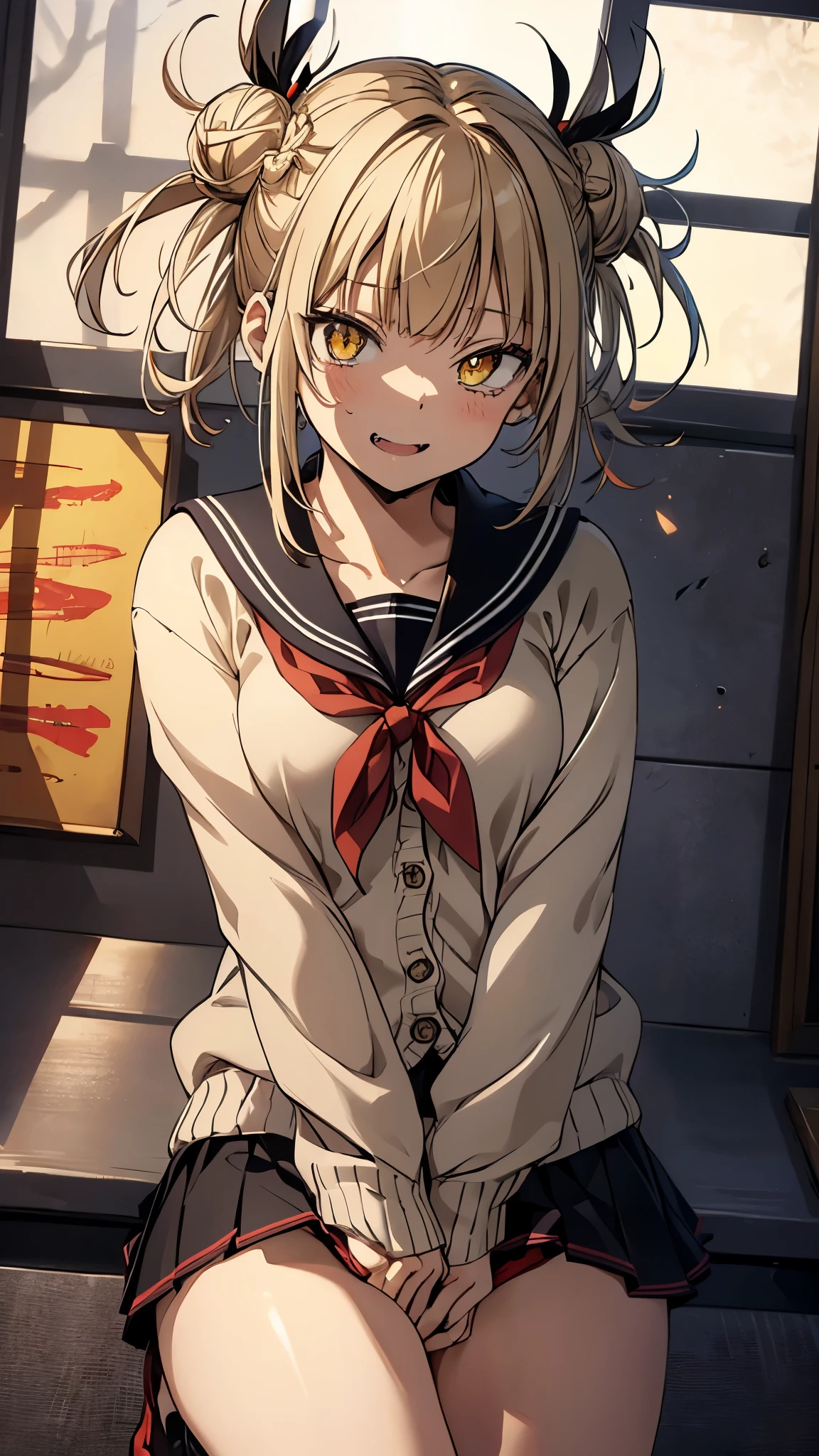 1girl,solo,Himikotoganova,smile,short hair,(double bun), messy hair, bangs, (yellow eyes), bangs under eyes,(fang:1.3),((cardigan,sailor collared,red ribbon,black mini skirt,black panties)),(upper body:1.3),(squatting,open legs),masterpiece,Noise Reduction,perfect anatomy,high resolution, ultra-detailed, ultra-detailed face,game cg,dutch angle ,beautiful detailed eyes,visualart,five fingers, perfect hands, perfect lighting, sparkling pupils,