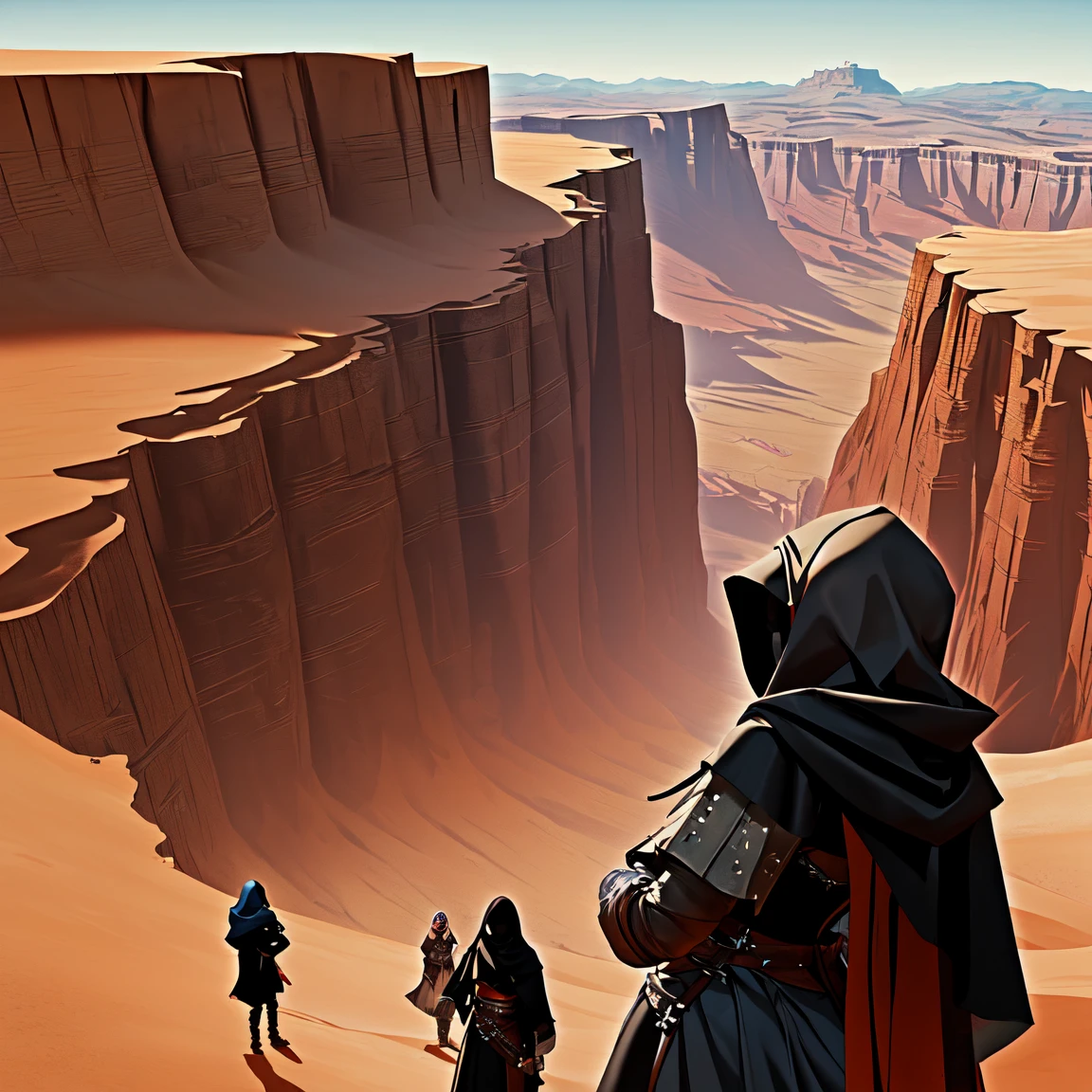 a crowd of assassins in black hood, all of them are hijabi girls with corset and leather attire,standing on a cliff and watching the land below them, desert scene, 