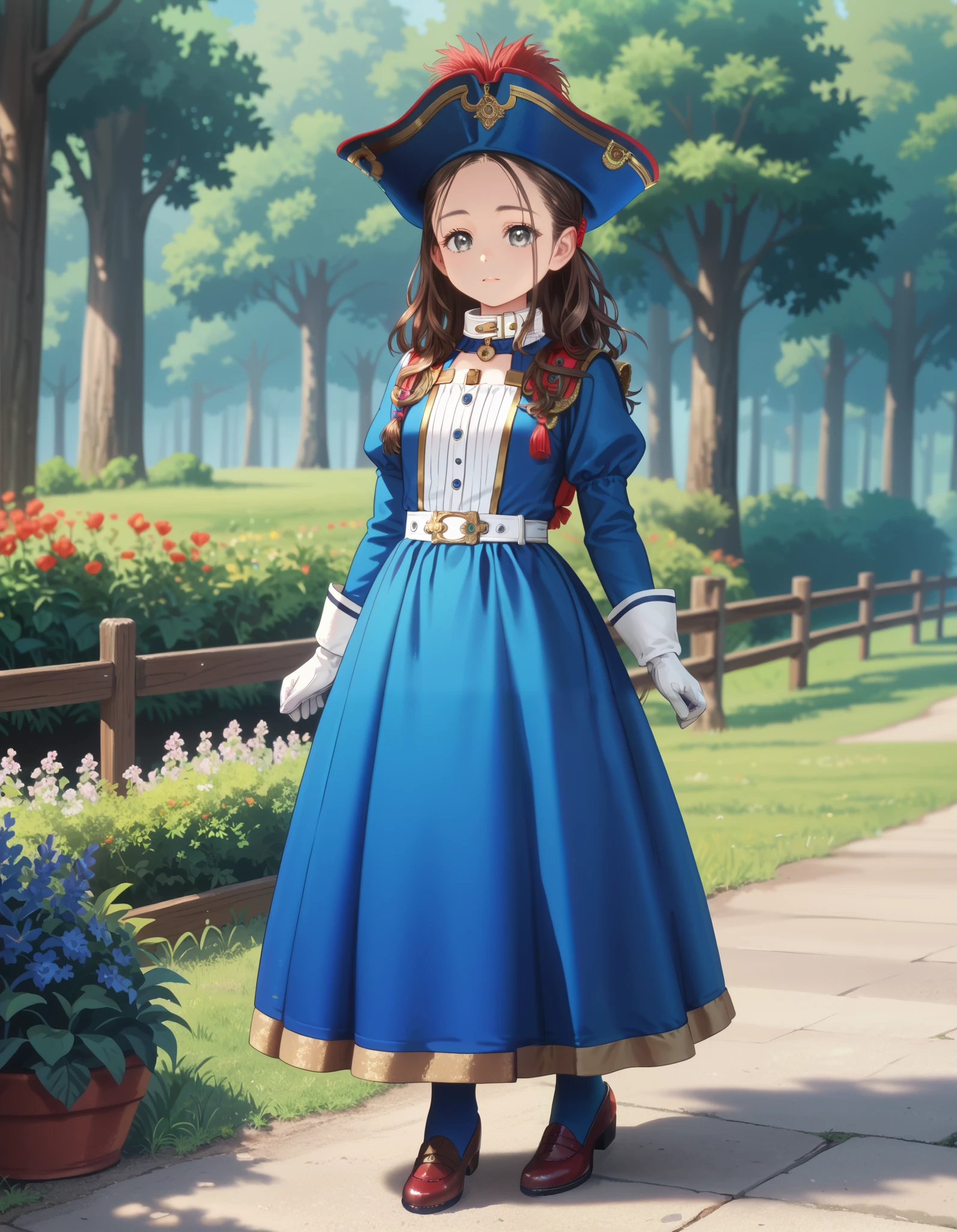 score_9, score_8_up, score_7_up, masterpiece, high res, detailed face, detailed eyes, anime screencap, 1 girl, solo, tall, slender, brown hair. forehead, grey eyes, long hair, blue outfit, skirt, musketeer hat, red plume, white collar, gloves, outdoors, full body,