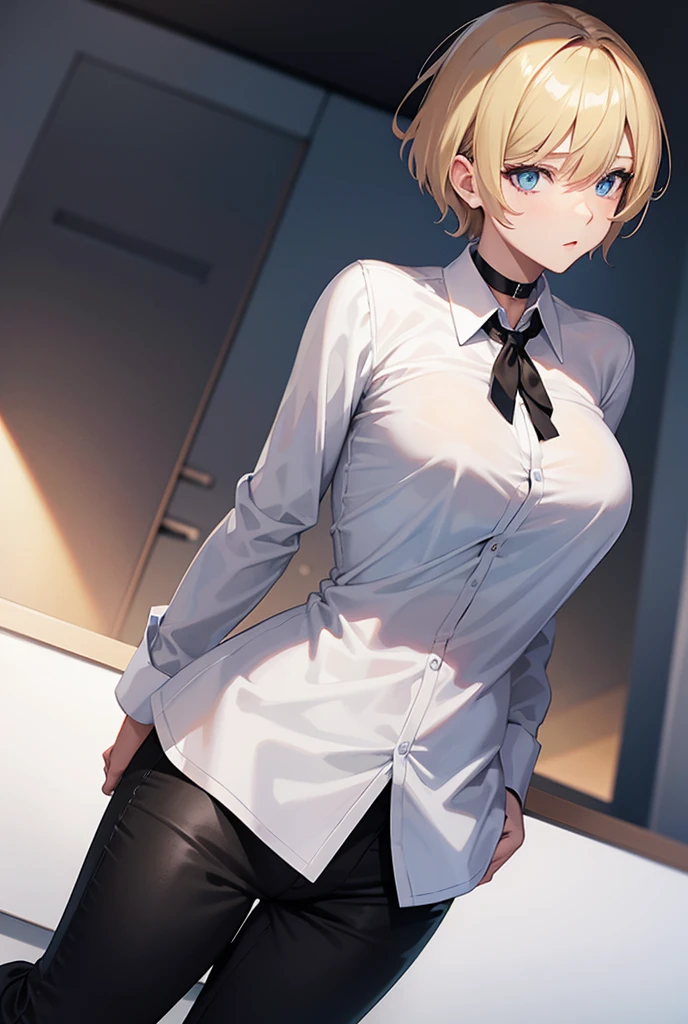 Tomboy Girl, short-haired blonde ,  blue eyes ,  Very large breasts , A white long-sleeved shirt,  black pants ,  a black tie ,  and a choker around his neck . 