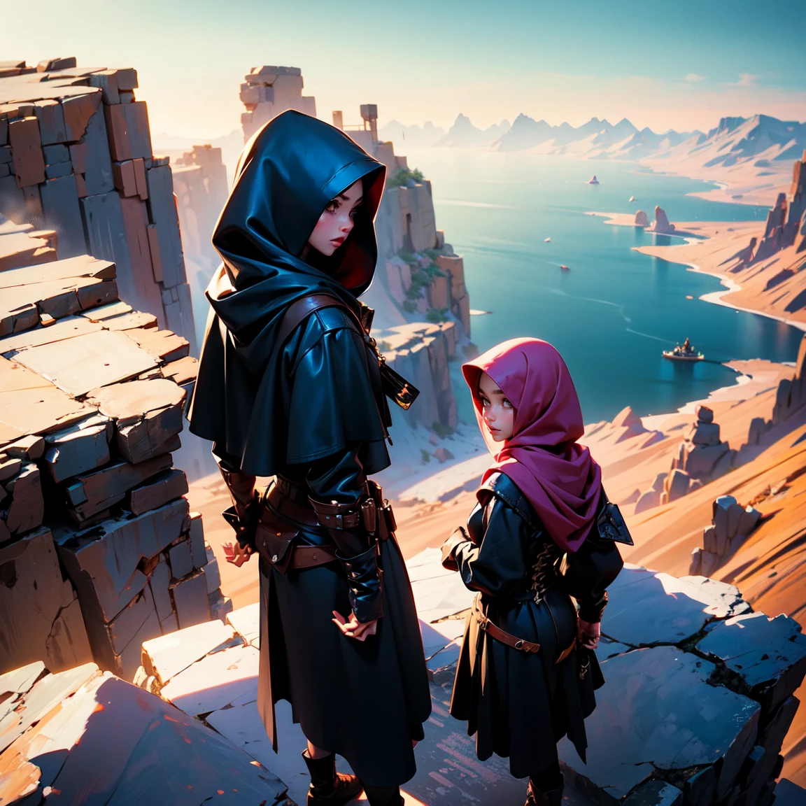 a crowd of assassins in black hood, all of them are hijabi girls with corset and leather attire,standing on a cliff and watching the land below them, desert scene, close up, view from above, 