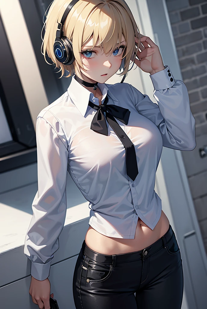 Tomboy girl with short blond hair, slim,  blue-eyed headphones,  Very large breasts , A white long-sleeved shirt,  black pants ,  a black tie ,  and a choker around his neck . 