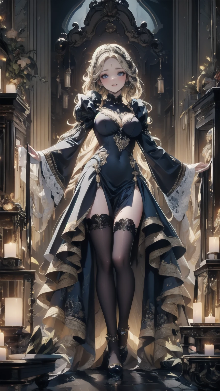 (Masterpiece, High Quality, High-Detailed, Detailed CG, Cinematic Lighting, Beautiful Detailed Eyes, Ultra Resolution, Full Body Shot), (Erotic Suggestiveness:1.0), (Victorian Aesthetic Outfit:1.5), (Erotic Victorian Aesthetic Outfit:1.0), (Gold and Black Color Victorian Aesthetic Outfit:1.5), (Exposed Breast Dress:1.0), NSFW, Anime Female, Five Finger, Huge-Breast, Thigh, Anime Girl Lifting it Skirt, Black-Pantyhose, Blue-Eye, Long Hair, Golden-Hair, Exposed Black-Panties, Victorian Background