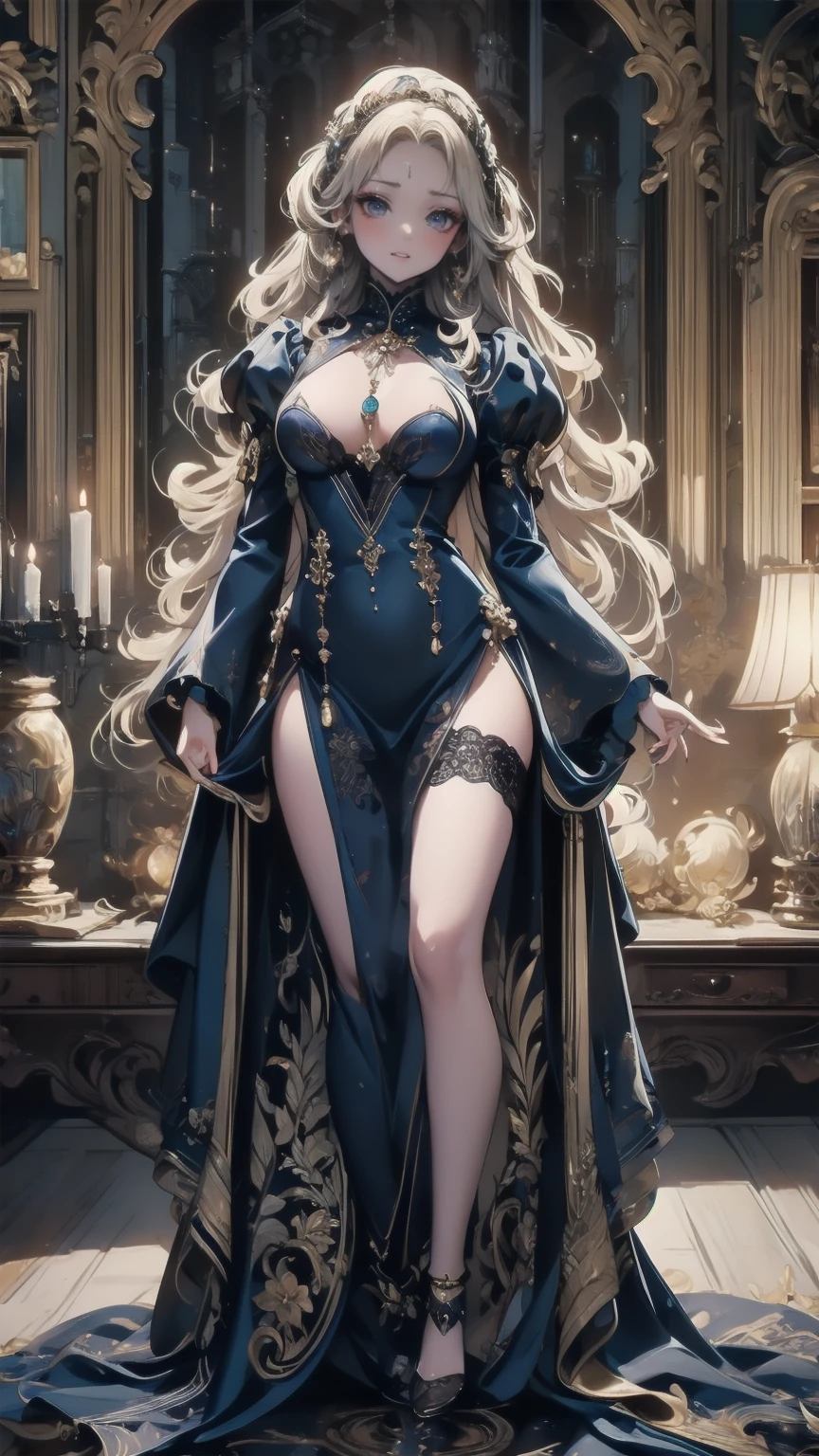 ), Composition from head to toe,  full body view,Village realistic、 Virginia Otis  Blonde Blue Eyes、Victorian city,  Europe. Aristocratic Girl、Breasts looking up from below 、  Wearing a Long-Sleeved Sheer Fabric Dress 、 dynamic sexy poses 、Face Smile、 cute face,  portrayal the whole body、