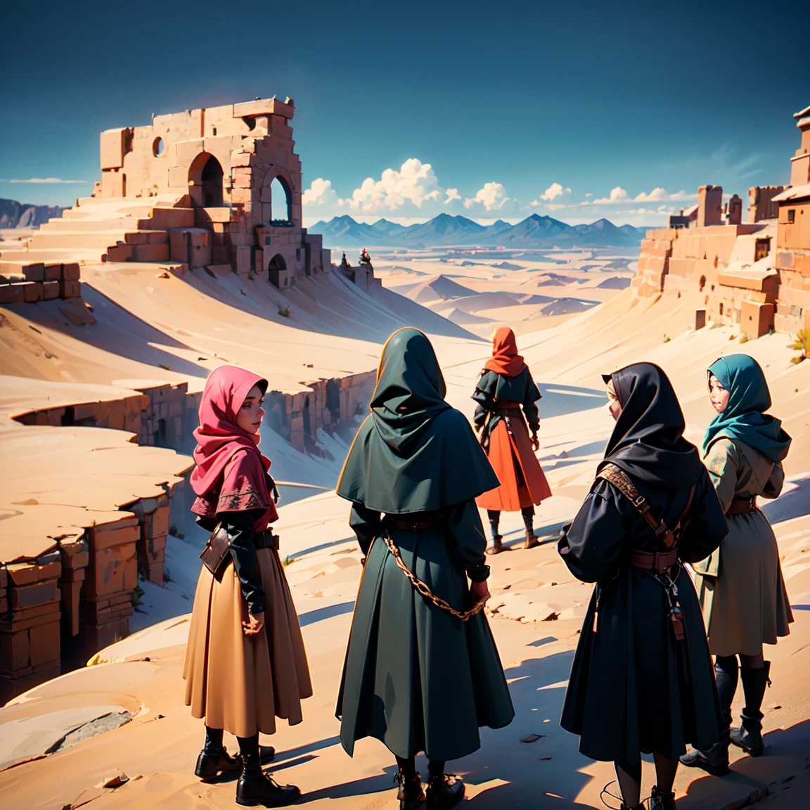 a crowd of assassins in black hood, all of them are hijabi girls with corset and leather attire,standing on a cliff and watching the land below them, desert scene, close up, view from above, 