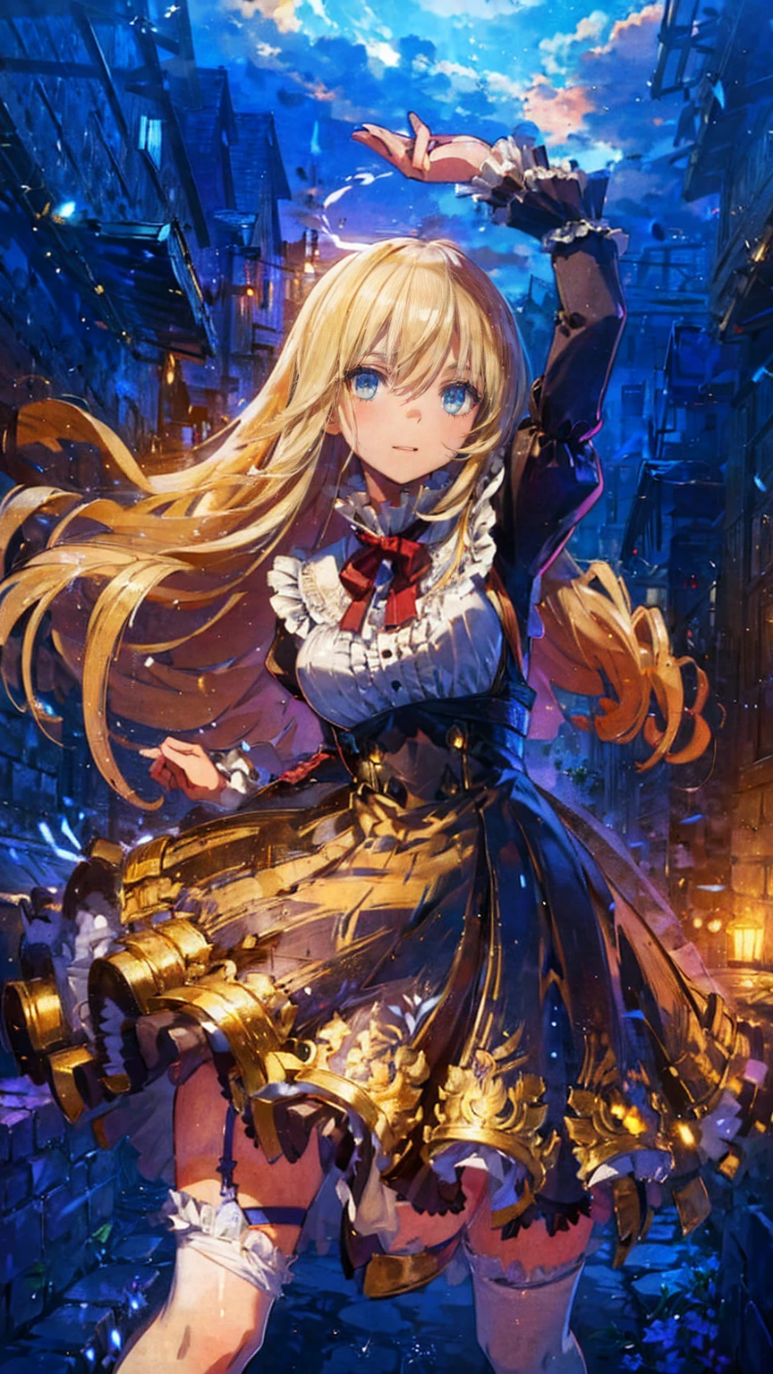 ), Composition from head to toe,  full body view,Village realistic、 Virginia Otis  Blonde Blue Eyes、Victorian city,  Europe. Aristocratic Girl、Breasts looking up from below 、  Wearing a Long-Sleeved Sheer Fabric Dress 、 dynamic sexy poses 、Face Smile、 cute face,  portrayal the whole body、
