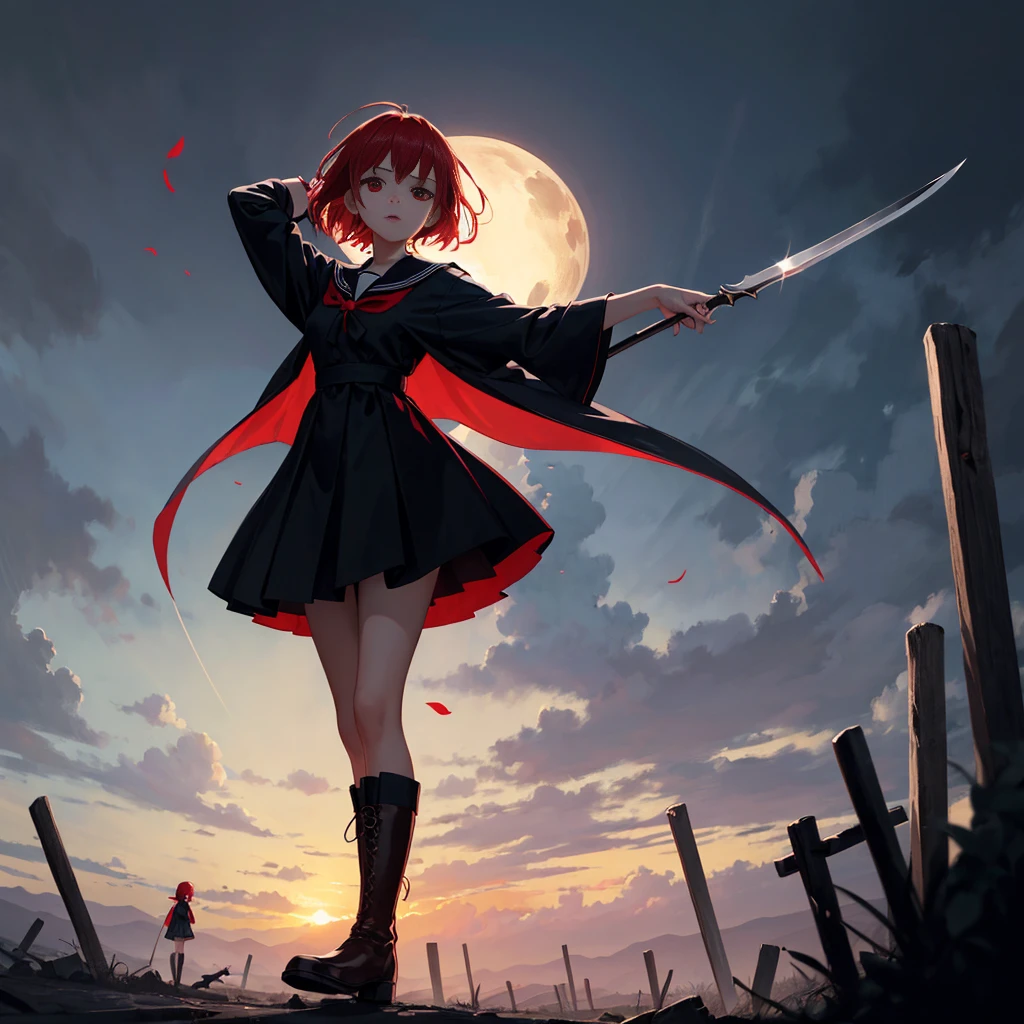   1 girl、(masterpiece,   best quality),(  detailed hair),   super detailed, Anime Style, whole body,   high school girl  、   she's wearing a black sailor suit 、 、   has milky white and red hair and short hair 。.、red eyes、 Put on your boots,   Digital Painting  , 8k high resolution, whole body, White background,    in a dynamic pose where she focuses on her pussy  、Standing on a deserted place  、big blade、   vampire hunters active only at night   、   Dracula supporting the dynamic composition、grim Reaper&#39;Sickle、 Lightsaber、