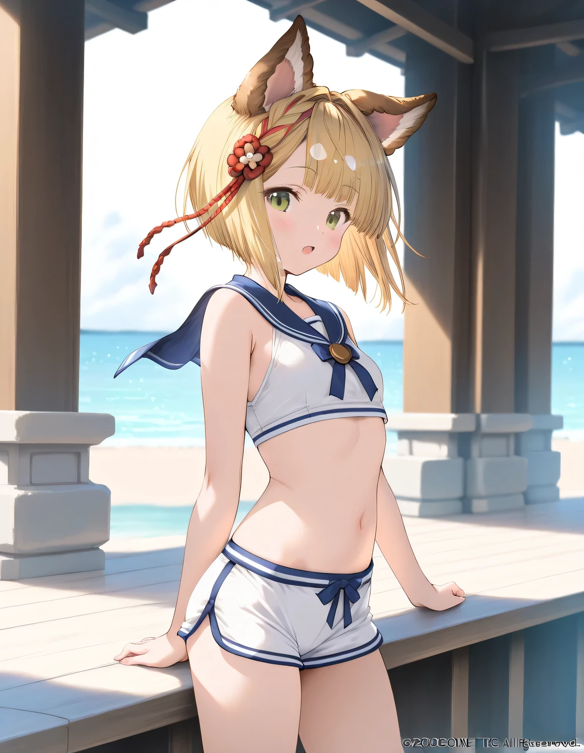 1girl, vajra_(granblue_fantasy), little female, short hair, blonde hair, dog ears, brown eyes, beautiful detailed eyes, small breasts,sailor crop top, bikini shorts, open mouth, outdoors, wind, game CG break,((artist:shida_kazuhiro)),(artist:mitsumi_misato),(artist:fujiyama),,(masterpiece), (best quality), (ultra-detailed), very aesthetic, newest, beauty illustration,super detailed skin, (masterpiece), (best quality), (ultra-detailed), very aesthetic lighting,hi res,absurd_res,2023,2024,(shaded),digital media (artwork), realistic lighting, 4k, 8k,