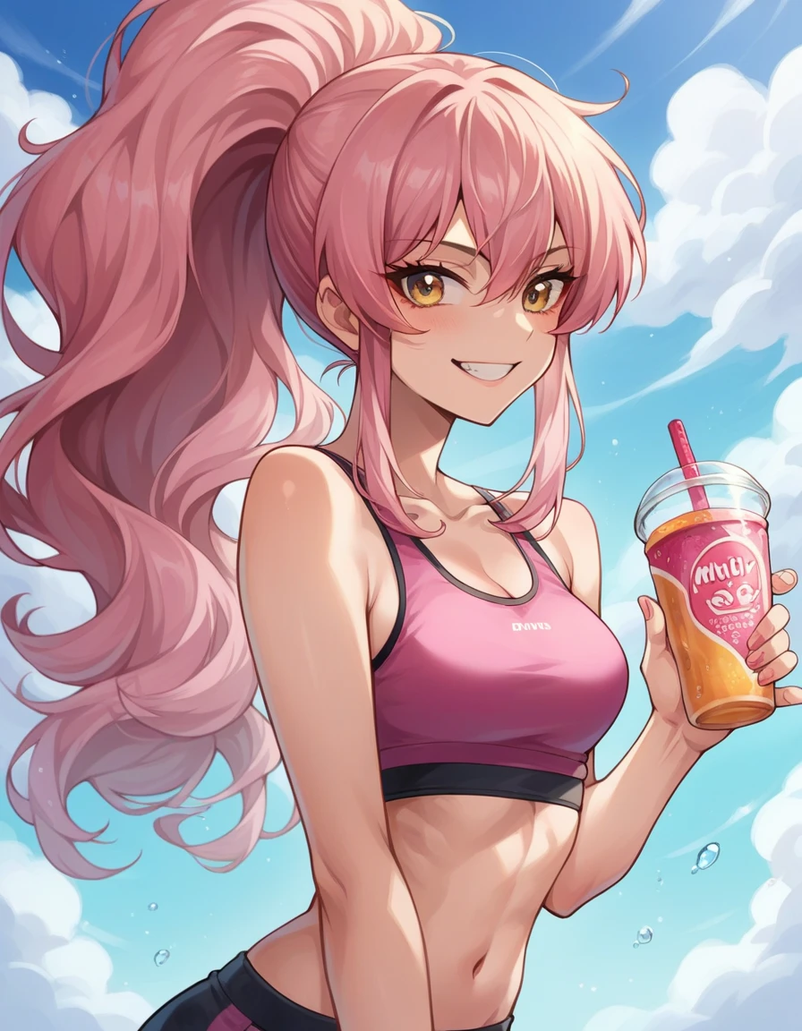 Mikkajogasaki, Mika Jougasaki, hair 弓, Long Hair,  Pink Hair, ,  ponytail, A confident and sporty anime-style young woman with short blonde hair dyed with pink tips, wearing a stylish sports bra and fitted spats. She has a cheerful and energetic expression, standing in a gym setting with dynamic lighting. Her outfit is sleek and modern, featuring subtle patterns in pink and black. She exudes a vibrant and youthful aura, with a playful, edgy vibe reflected in her fashion and pose.protein drink