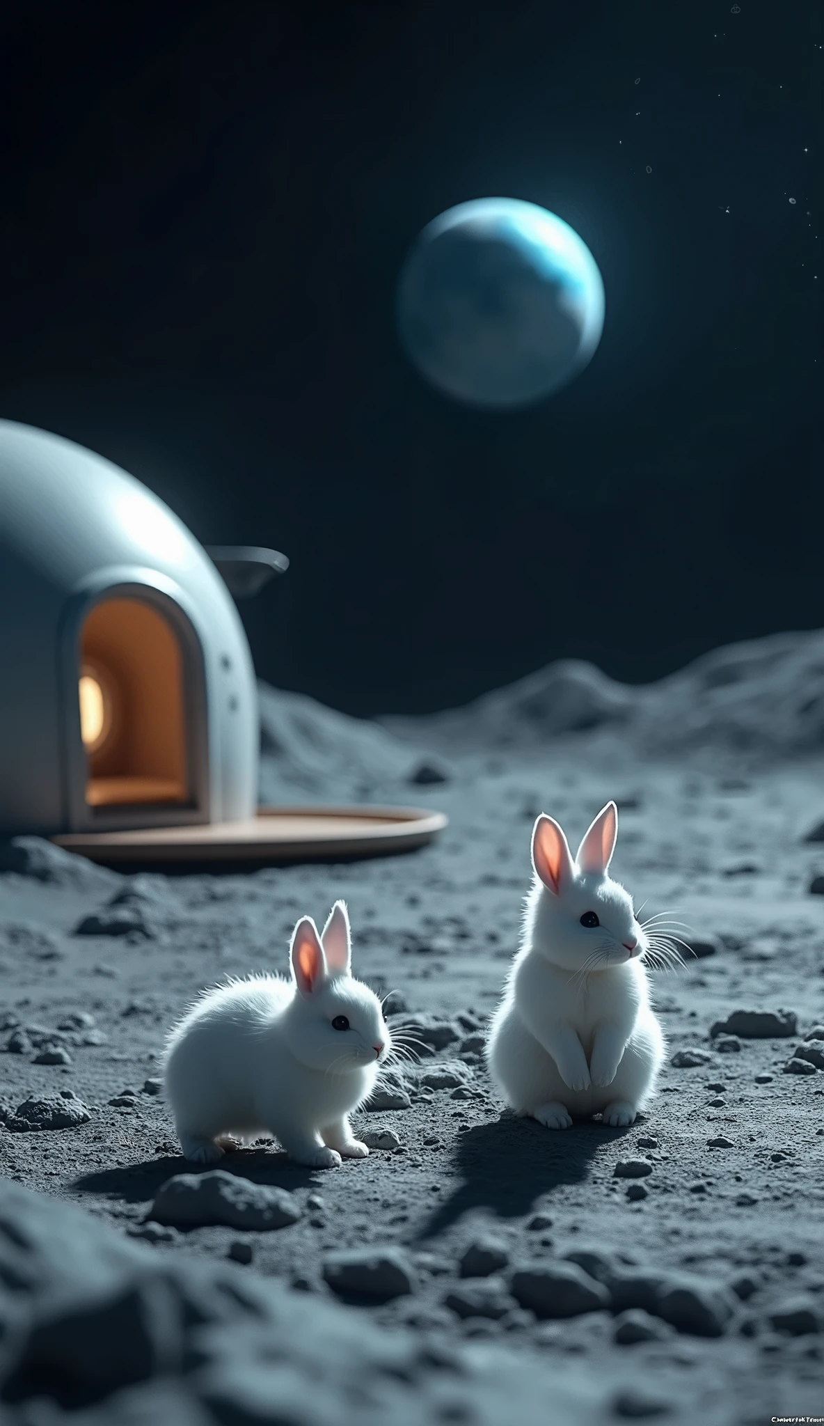 (masterpiece,  High Quality ,  high definition ,  Golden Ratio ,  Movie Lighting, 8k),  dark dark lunar base built on the surface of a very dark moon,  cute white rabbits playing in front of it , 😍,  a small blue globe at the back １Arrange 