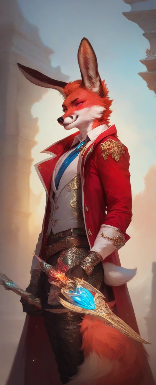  A male anthro red fox with heart-shaped eyes,  rabbit ears, a long red coat ,  text,  with an intricate and beautiful . fantasy style ,  vibrant colors, ethereal,  with high-quality cinematic lighting . Rendered in 8K,  photorealistic design with bright colors .