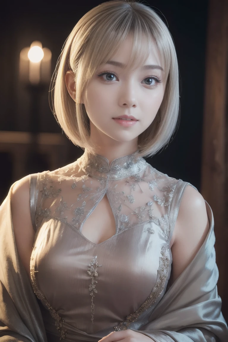 Sana, A beautiful silver-haired medieval woman with a soft face and bob haircut, big brown eyes, detailed face, long eyelashes, wearing modest clothes, elegant silk flower background, cinematic photorealistic lighting, dramatic night scene, (best quality,4k,8k,highres,masterpiece:1.2),ultra-detailed,(realistic,photorealistic,photo-realistic:1.37),cinematic,dramatic,moody,warm light