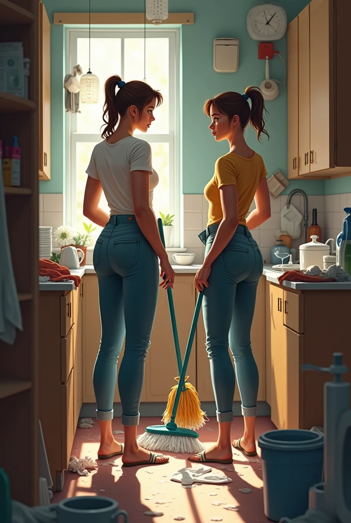 score_9, score_8_up, score_7_up, oil painting, 1920, mother and her son, mother wear lingerie, son topless and wear short pants, talking in the kitchen