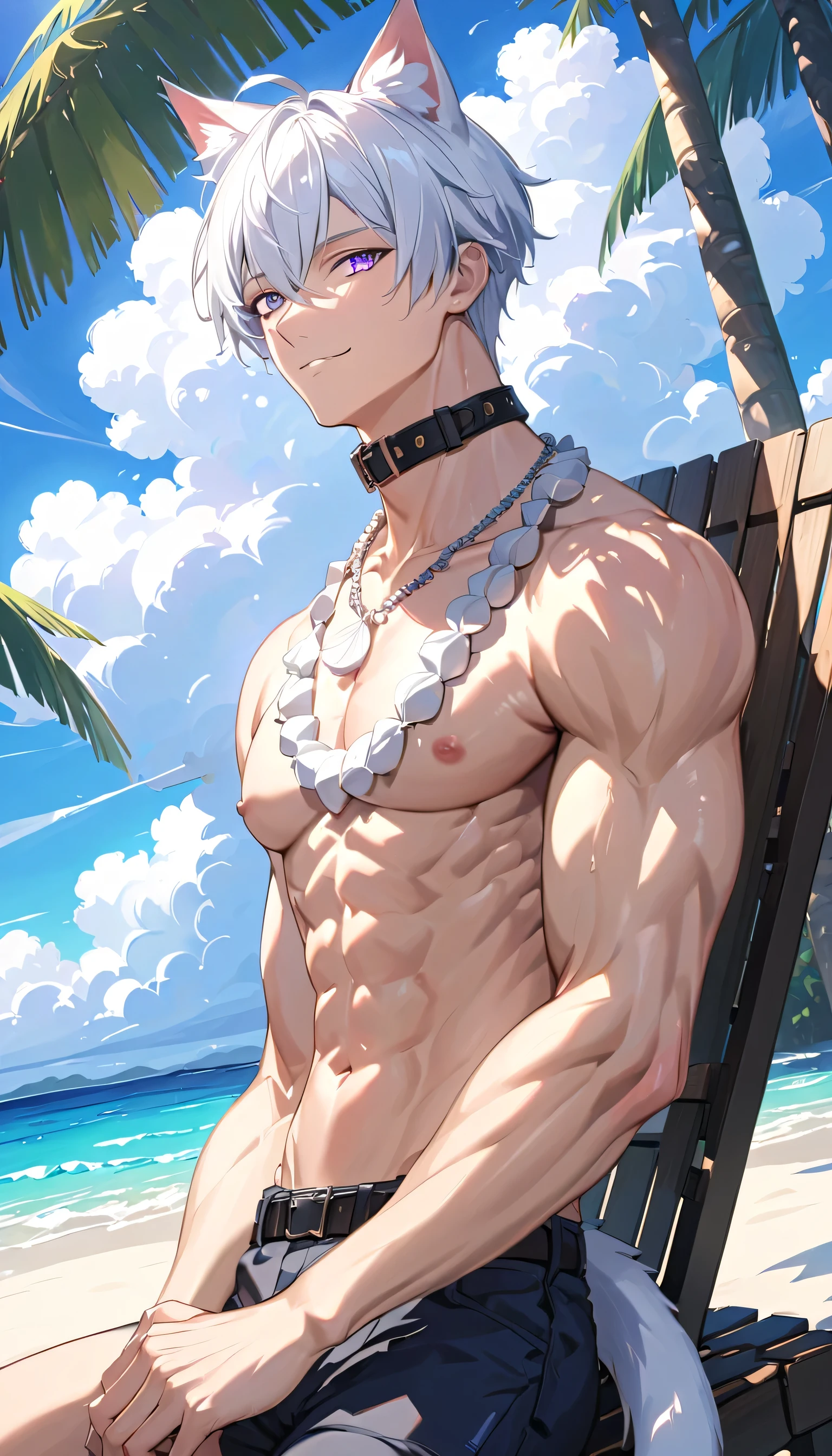 male adult,shirtless with abs,gym background,white hair,blue eyes,sweating,muscular