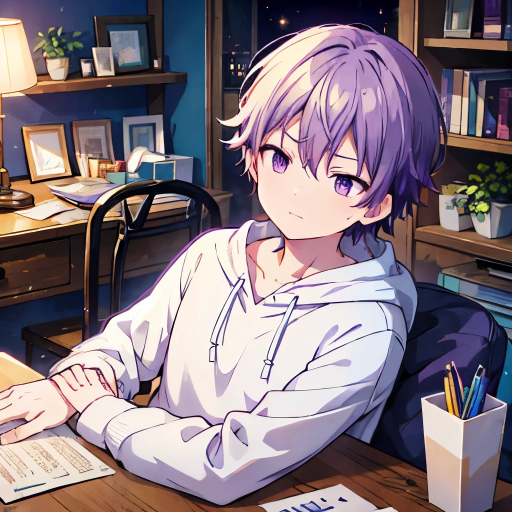  1 boy ，Purple Hair， Shorthair, Purple Eyes， wearing a white hoodie ,   a wooden desk and a potted plant  .  A handsome young man wearing  , sleepy look after intercourse ，Sleepy face，which adds a playful touch. Background,   there are books scattered around him  ,   is laughing with a book that comes to mind  {x}  creating a cozy studio atmosphere in the room, High Quality , Pictures,  pixiv illustration ， A black cat is sleeping on his lap ，night，He's stumbling down on his desk