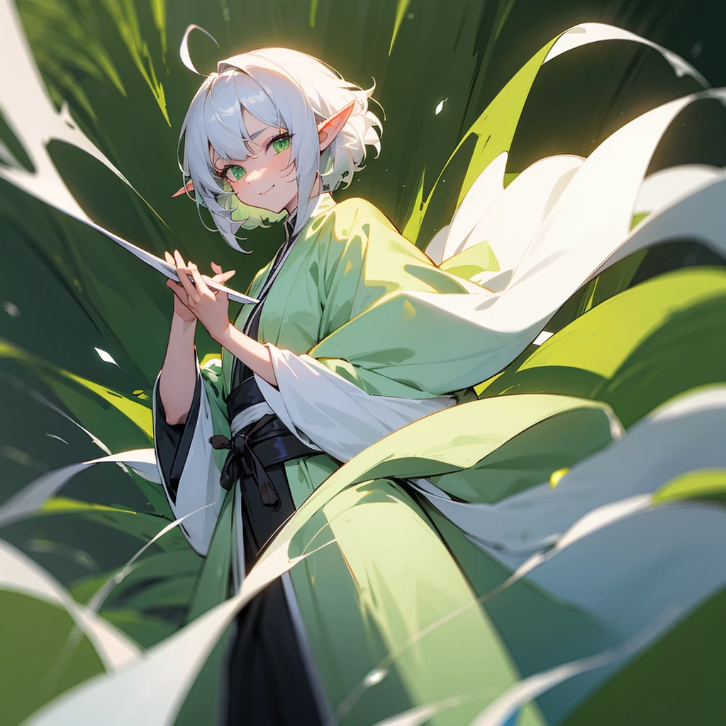 elf, female, silver hair,short hair, medium cut, ahoge, curly hair, green eyes,slender, green cloak, White wizard robe, fair skin, cool mild Smile, annoyance