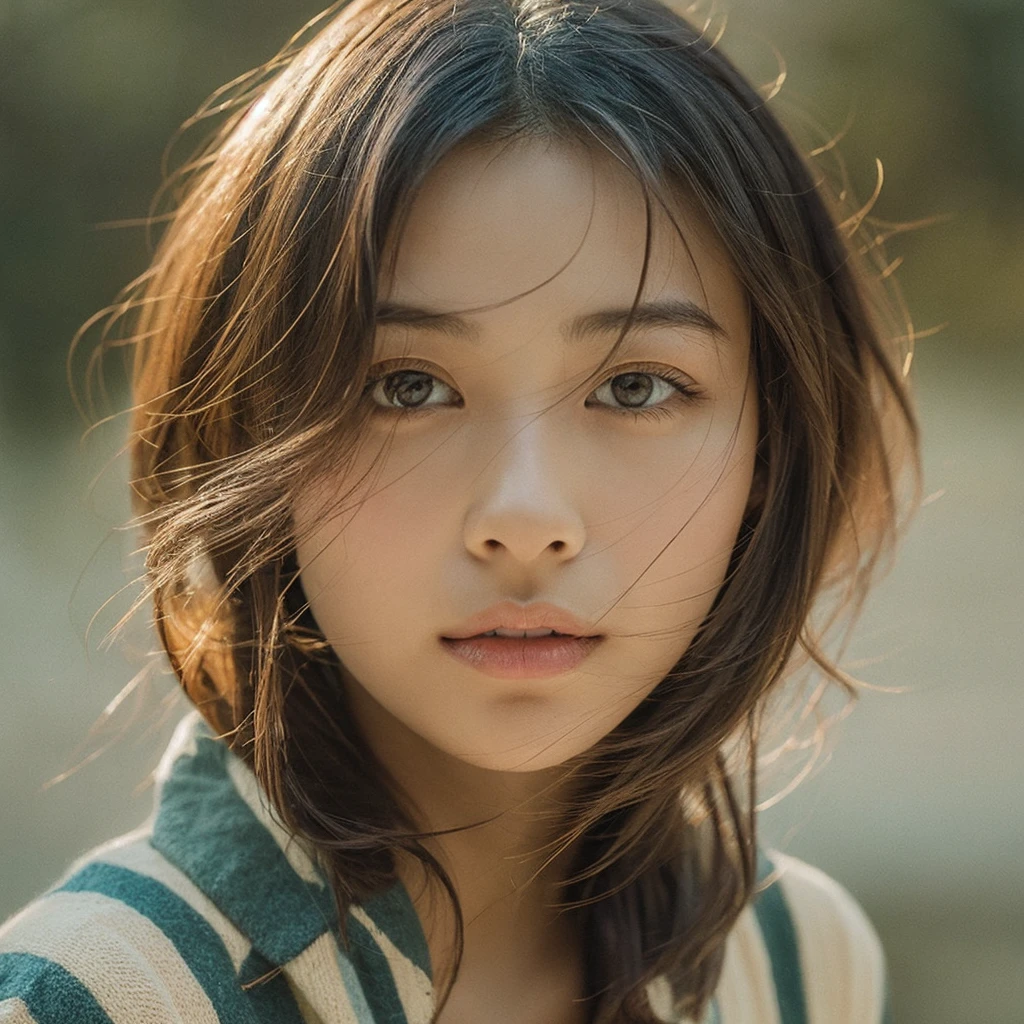 An exceptionally realistic image of a single Japanese woman in her early 20s, so lifelike that it could be mistaken for a real photograph. Her skin features a warm beige tone with a finely detailed texture, showcasing visible pores, subtle tonal variations, and a delicate balance between natural oils and dryness, replicating the uneven yet realistic texture of real skin. The lighting is inspired by film camera aesthetics, utilizing soft, diffused natural light with a subtle warmth, creating gentle shadows that highlight the contours of her face and body without over-smoothing her features. Her straight, slightly textured black hair is meticulously rendered, each strand reflecting light naturally, with fine variations in thickness and flow, adding depth and realism. The film-like effect introduces a slight grain and a natural softness to the overall composition, enhancing the nostalgic and authentic feel. Her lips are softly defined with a matte finish, and her deep brown eyes reflect ambient light in a way that conveys depth, emotion, and vibrancy. The colors are subtly muted, with a natural warmth that echoes classic film tones, avoiding harsh contrasts while maintaining rich, detailed highlights and shadows. She is dressed in simple, understated clothing that complements her natural beauty, standing in a softly lit environment that evokes a sense of intimacy and realism. This image combines hyper-realistic skin and hair textures with the timeless charm of film photography, resulting in a portrayal that blurs the line between art and reality.