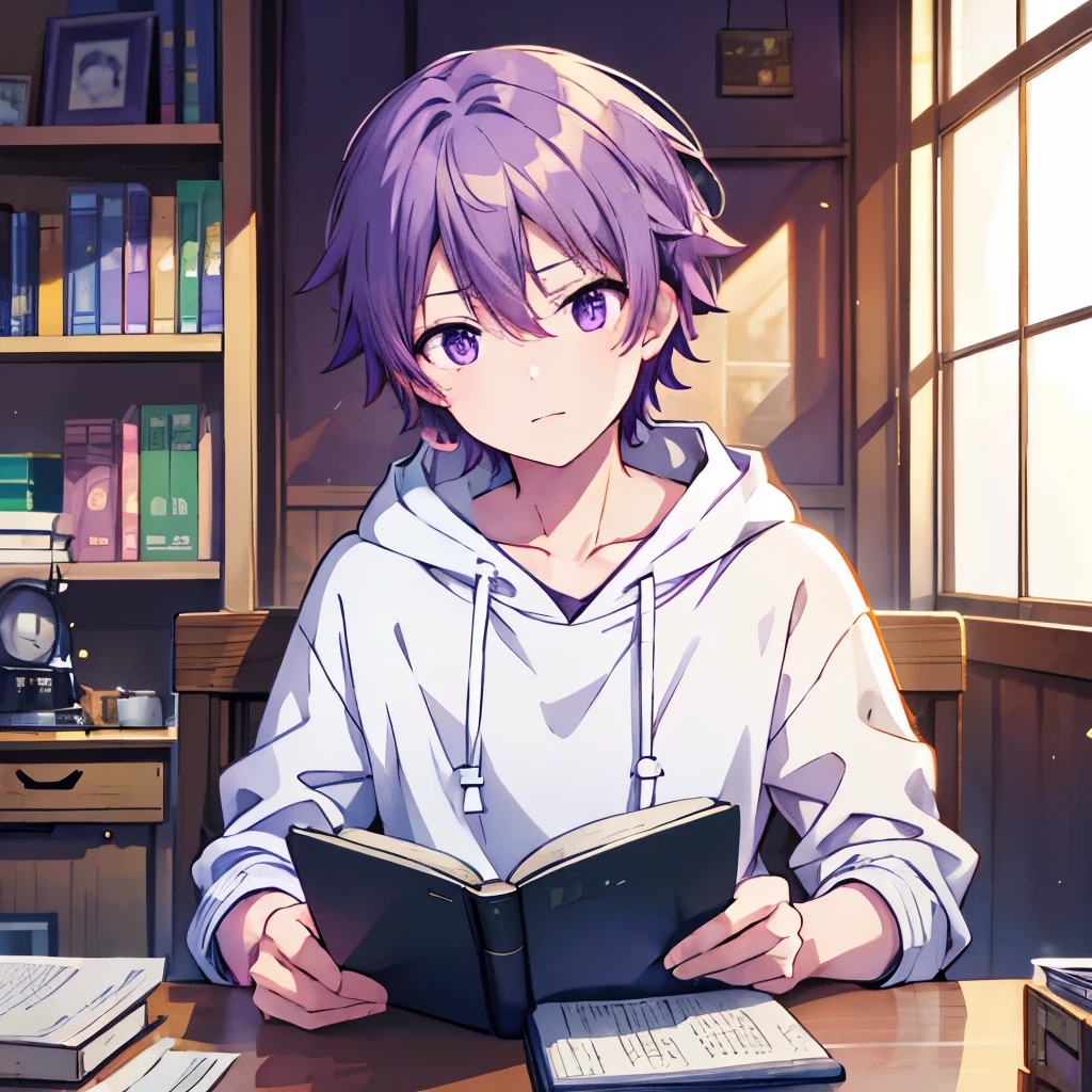  1 boy ，Purple Hair， Shorthair, Purple Eyes， wearing a white hoodie ,   a wooden desk and a potted plant  .  A handsome young man wearing  , sleepy look after intercourse ，Sleepy face，which adds a playful touch. Background,   there are books scattered around him  ,   is laughing with a book that comes to mind  {x}  creating a cozy studio atmosphere in the room, High Quality , Pictures,  pixiv illustration ， A black cat is sleeping on his lap ，night，He's stumbling down on his desk