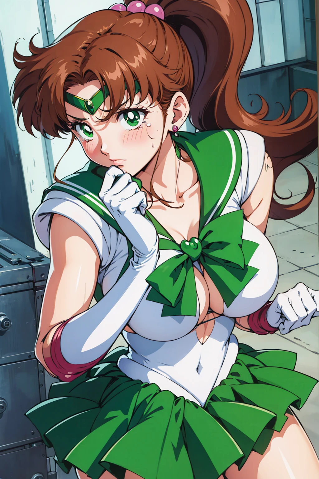  best quality,  high definition , 1990s \( style \), retro art style , 1990s anime cels  style ,  sailor Jupiter,  Fighting ,  Sailor Warrior Uniform , Green sailor collar,  white gloves,  green pleated skirt,  Pink Ribbon ,  ponytail,  jewelry, Earrings、(Torn clothes、 boobs)、 with movement、廃墟で Fighting 、Torture scene、 torture room、Woman being tortured、tears、blush、 sad