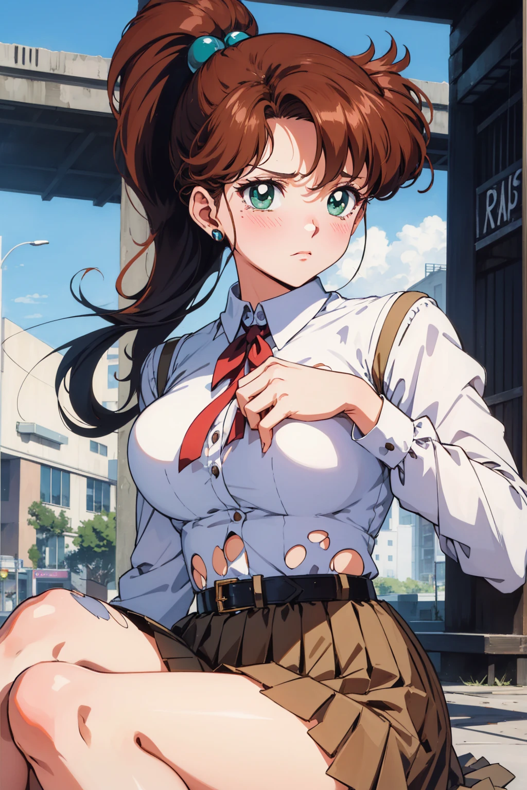 Best Quality,  high resolution on down, 1990s \( style \), retro art style , 1990s anime cels  style , Brown uniform,  brown pleated skirt ,  ponytail,In the schoolyard、Light green eyes、  sitting on the floor with her knees open ,  ponytail, (Torn clothes、)、Dynamic、Ruins where Fighting 、Torture scene、 torture room、Woman being tortured、tears、blush、 sad