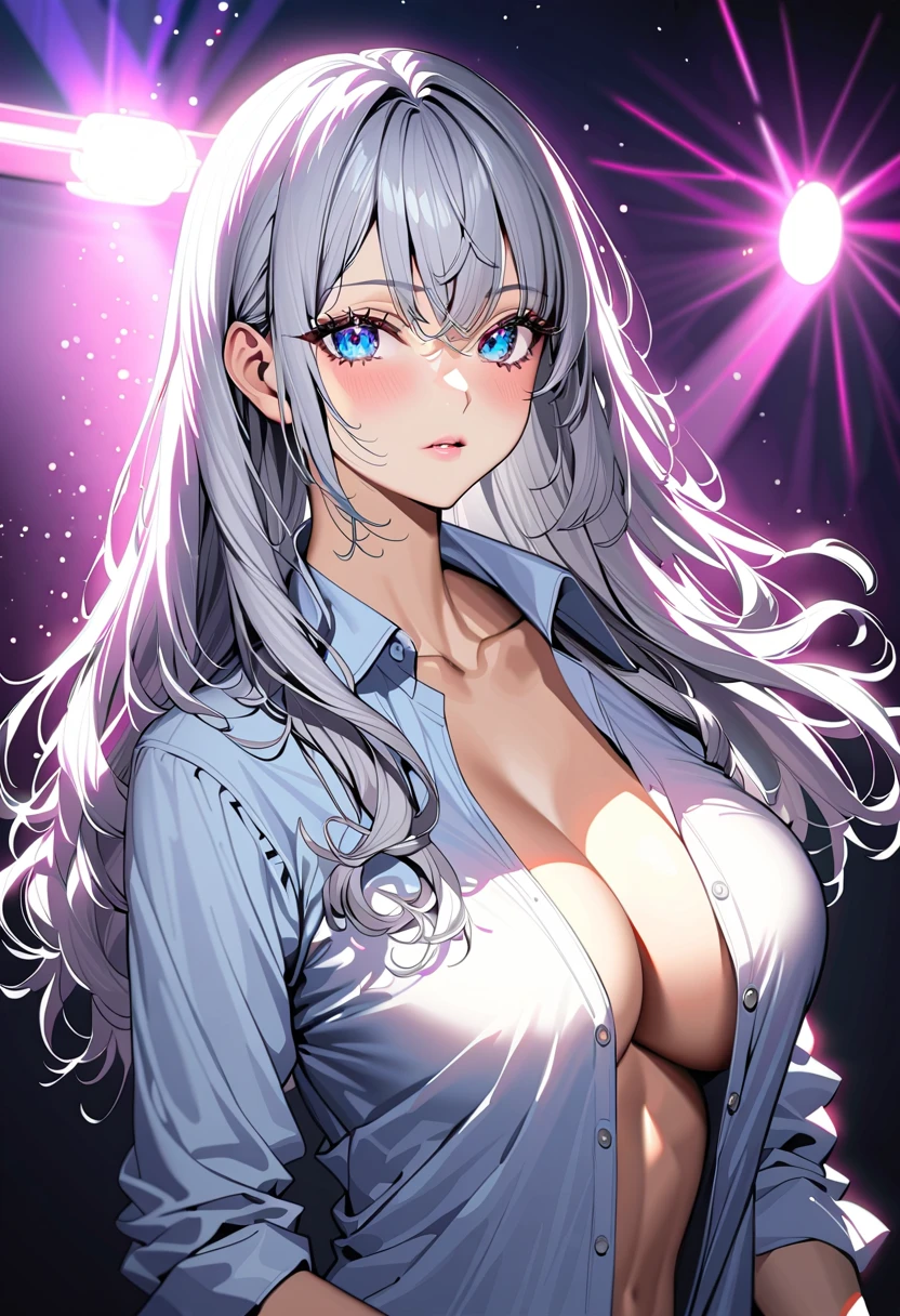 A beautiful silver-haired girl in a school uniform, with a moderate bust and slightly unbuttoned shirt, 1girl, school uniform, silver hair, beautiful detailed eyes, beautiful detailed lips, extremely detailed face and eyes, long eyelashes, medium breasts, slightly unbuttoned shirt, highly detailed, intricate details, cinematic lighting, dramatic lighting, vibrant colors, studio lighting, 8k, best quality,  masterpiece