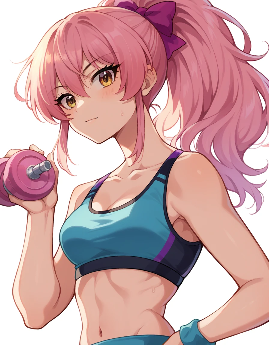 Mikkajogasaki, Mika Jougasaki, hair 弓, Long Hair,  Pink Hair, ,  ponytail, A confident and sporty anime-style young woman with short blonde hair dyed with pink tips, wearing a stylish sports bra and fitted spats. She has a cheerful and energetic expression, standing in a gym setting with dynamic lighting. Her outfit is sleek and modern, featuring subtle patterns in pink and black. She exudes a vibrant and youthful aura, with a playful, edgy vibe reflected in her fashion and pose.