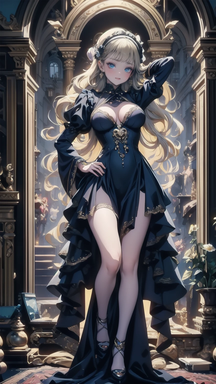 ), Composition from head to toe,  full body view,Village realistic、 Virginia Otis  Blonde Blue Eyes、Victorian city,  Europe. Aristocratic Girl、Breasts looking up from below 、  Wearing a Long-Sleeved Sheer Fabric Dress 、 dynamic sexy poses 、Face Smile、 cute face,  portrayal the whole body、