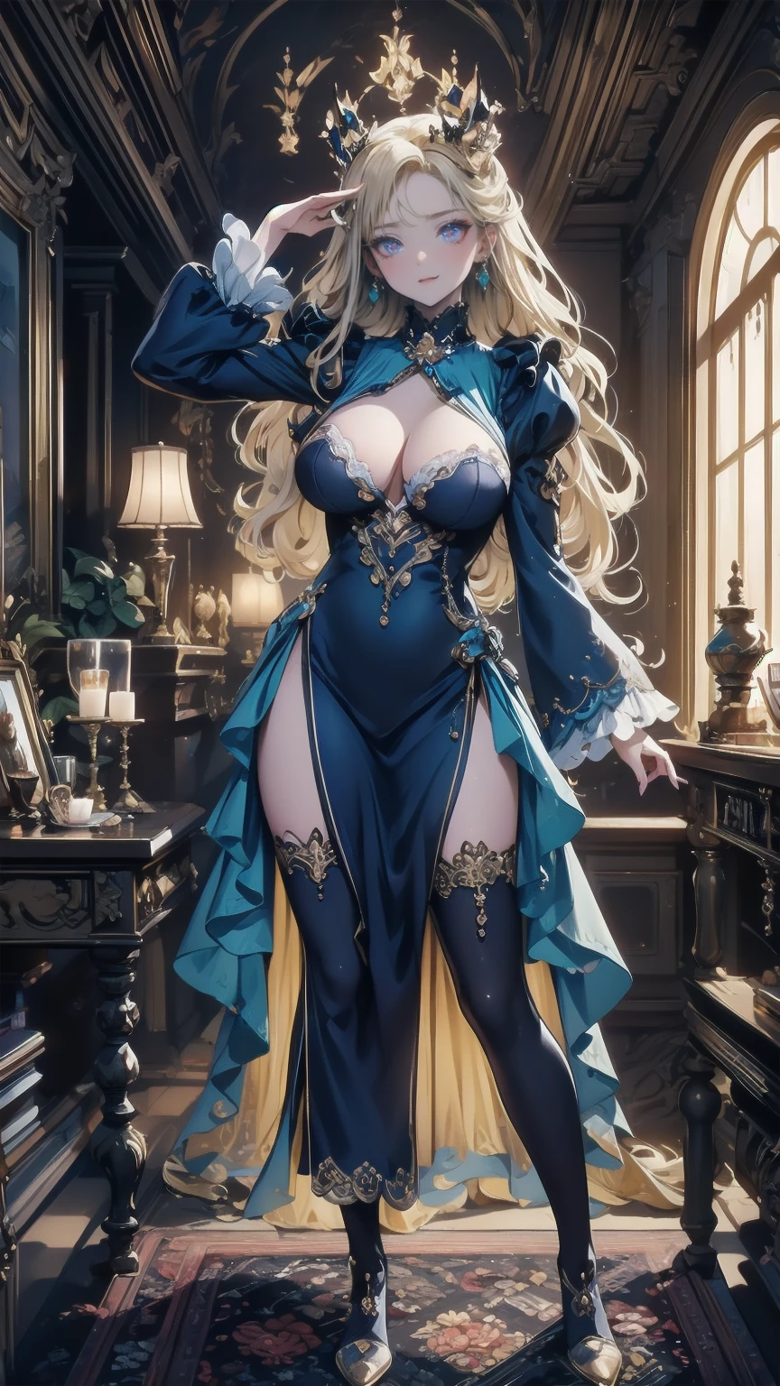 ), Composition from head to toe,  full body view,Village realistic、 Virginia Otis  Blonde Blue Eyes、Victorian city,  Europe. Aristocratic Girl、Breasts looking up from below 、  Wearing a Long-Sleeved Sheer Fabric Dress 、 dynamic sexy poses 、Face Smile、 cute face,  portrayal the whole body、