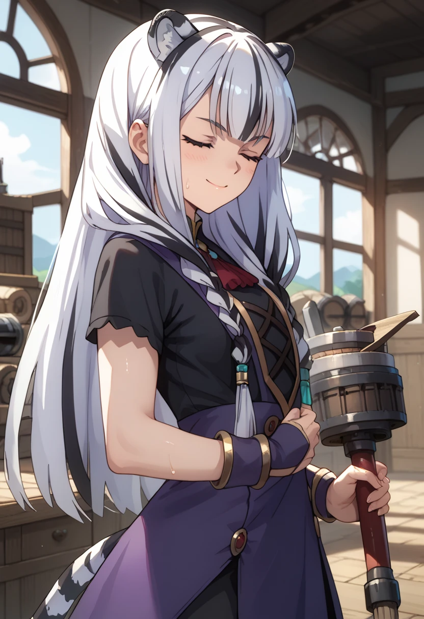 ((masterpiece)), 1girl, solo, long hair, white tiger ears, white tiger tail, closed eyes, sweat, warm smile, Blacksmith Girl, white hair, two-tone hair, Forge Furnace behind, beautiful and cute, working, black clothes, purple clothes, multicolored clothes, forging weapon, Forge scenery.