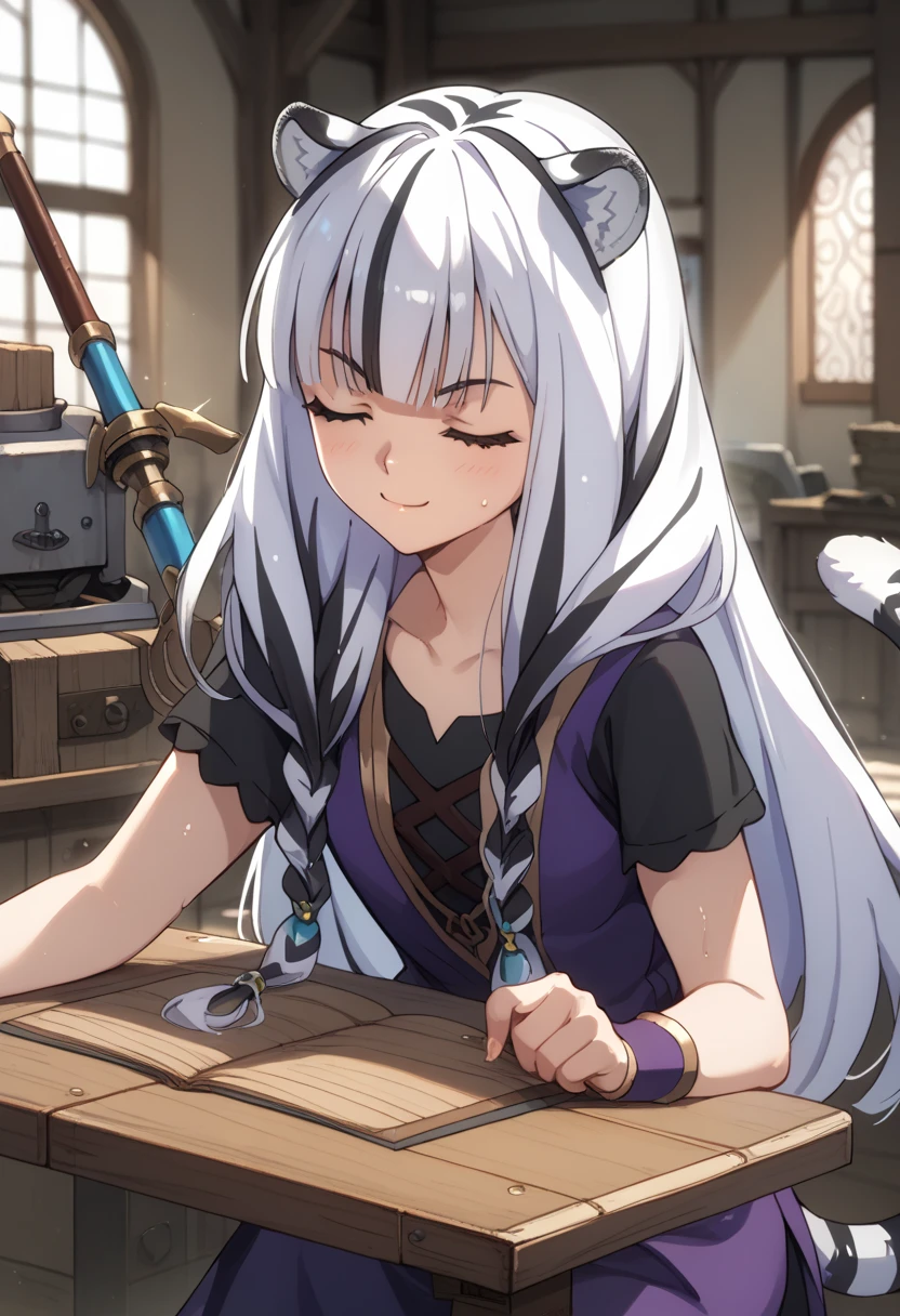 ((masterpiece)), 1girl, solo, long hair, white tiger ears, white tiger tail, closed eyes, sweat, warm smile, Blacksmith Girl, white hair, two-tone hair, Forge Furnace behind, beautiful and cute, working, black clothes, purple clothes, multicolored clothes, forging weapon, Forge scenery.