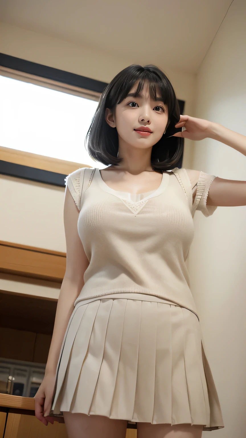 Very busty。Big breasts。Wearing a neat white blouse or lace camisole、A photo taken at an angle that shows a little of your shoulders or chest。Not looking at the camera、The figure is characterized by a slightly shy expression as she looks away.。The background is simple、Use fabrics and curtains in soft colors、Creates a warm atmosphere。