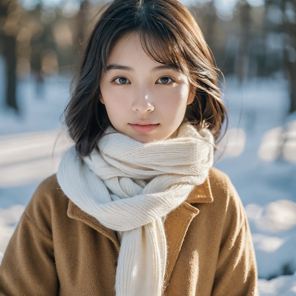 A hyper-realistic image of a single Japanese woman in her early 20s, captured with the nostalgic warmth and subtle graininess of a film camera, set in a serene winter atmosphere. Her skin is rendered with unparalleled realism, showcasing a natural, slightly rough texture with visible pores, delicate fine lines, and subtle imperfections like minor blemishes or slight redness from the cold. The warm beige tone of her skin contrasts beautifully with the cool, muted tones of the winter background. Her cheeks have a faint, natural flush, hinting at the crisp winter air, enhancing the lifelike quality of her appearance. The lighting is soft and natural, diffused by the overcast winter sky, casting gentle, cool shadows across her face and adding depth without overpowering her features. Her straight, glossy black hair is slightly windswept, catching the soft ambient light with a gentle sheen that feels organic and natural. The film-like color grading introduces cooler undertones with hints of warm highlights, creating a nostalgic and timeless feel. The composition is enriched by the winter setting, with subtle hints of snow in the background and the faint, ethereal light of a winter afternoon. She is dressed in a simple, elegant winter outfit, such as a cream-colored wool scarf and a light gray coat, complementing her natural beauty and the serene ambiance. The interplay of realistic skin texture, diffused natural light, and the film camera’s signature grain and color palette evokes an image that is both timeless and profoundly lifelike, capturing the quiet elegance of winter.