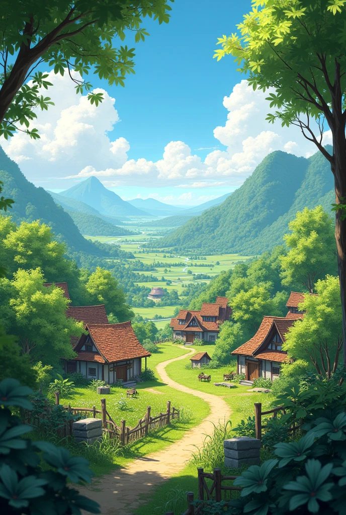 A small 16:9 ratio village surrounded by beautiful nature, distant view ...