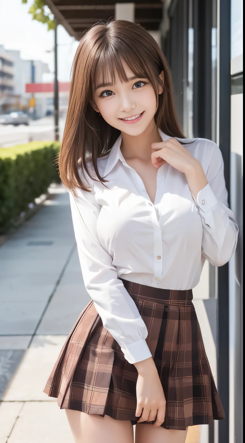  .................,, In front of school、connect toe skirt 、 long-sleeved white shirt 、 plaid skirt 、On, , sakimichan,, So cute and cute ,  nice smile, sakimichan hdri、Lori、 boobs、Beautiful breasts 、,(Big Breasts:1.20),(:1)、 brown hair、 brown hairの髪、 blue eyes、 short bob、Cute pose、 close your mouth