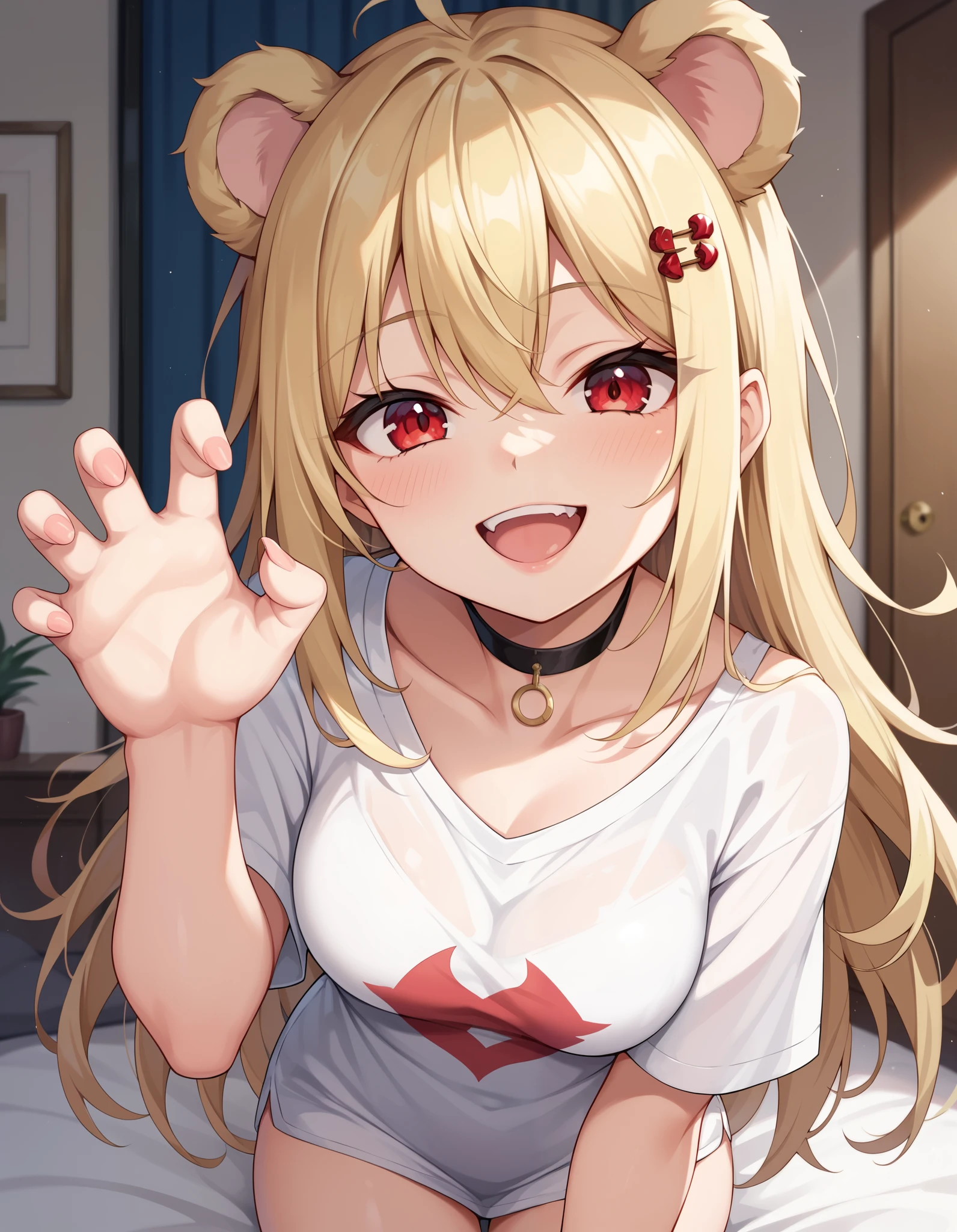 1girl, blonde hair, messy hair, long hair, red eyes, animal ears, bear ears, hairpin, short dress, choker, claw pose, evil smile, indoors, bedroom BREAK,masterpiece, best quality,score_7_up,score_8_up,score_9,