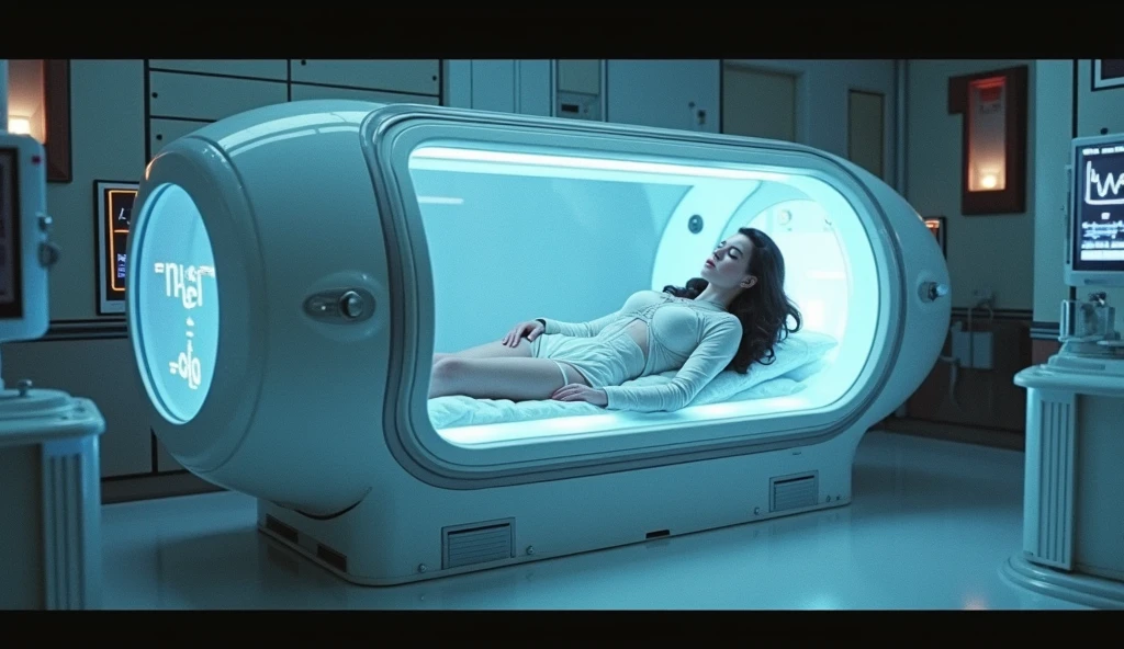 A naked beautiful and very cute girl sleeps in a cold sleep capsule made of transparent glass in the shape of a coffin connected to a machine in the ruins of Mars, the girl is , the girl has gigantic huge breasts,