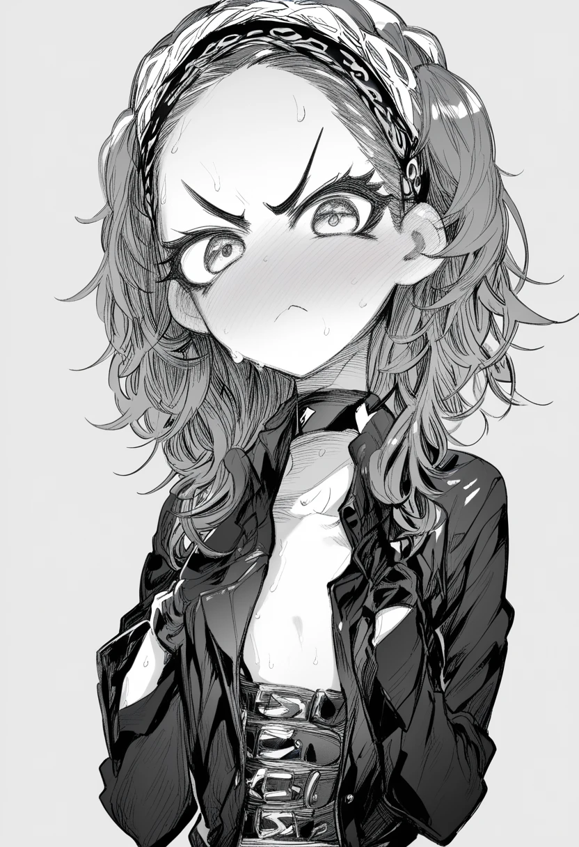 score_9, score_8_up, score_7_up, 1girl, solo, feminine, smart, slim, 20s, serious look, choker, long sleeve white collar buttoned shirt, black gloves, gloves covering hands, black leather corset, shiny black leggings, sweat, bedroom cute face, Anime Face, angry, blush, manga, monochrome, dekosukentr style
