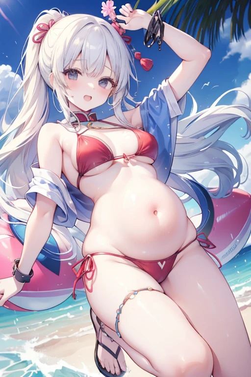 (gigantic breasts:1.5),toddler girl,chibi,2girls,long blonde hair tied with a string,swimsuit,beach,standing,laughing