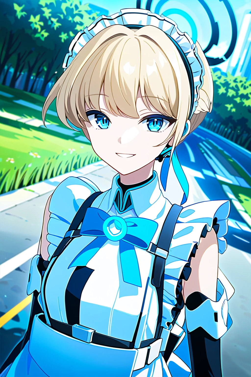 masterpiece、 Official Art、 no text、Sure \(blue_archive\)、Halo、Blonde、 long hair、chest、Medium breast、Maid、Short Hair、On the road、Outdoor、double V 、smile、Blue Claws、 upper body、 depth of field 