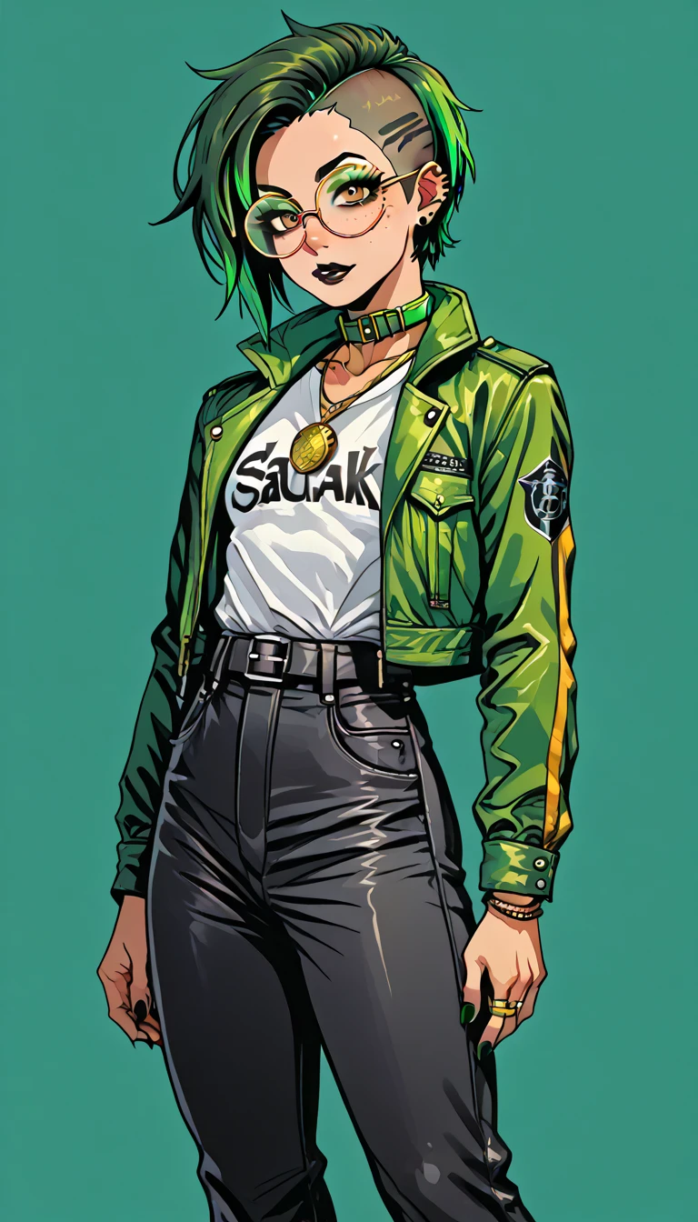 1boy; Androgynous; Japanese; Dark Green punk undercut hair; Gold eyes; freckled skin; toned,athletic body; Black lip gloss; Black eyeliner; Green eyeshadow; sharp Black nails;round glasses; Black tight shirt; Black Cargo pants; Green belt; Green Canvas Jacket; Black Combat Boots; Amber pendant; Green collar; pierced ears; GothMOONXL
