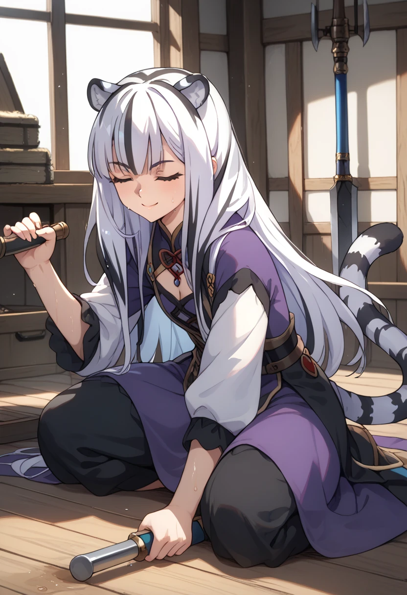 ((masterpiece)), 1girl, solo, long hair, white tiger ears, white tiger tail, closed eyes, sweat, warm smile, Blacksmith Girl, white hair, two-tone hair, Forge Furnace behind, beautiful and cute, working, black clothes, purple clothes, multicolored clothes, forging weapon, Forge scenery, full body, strong girl.