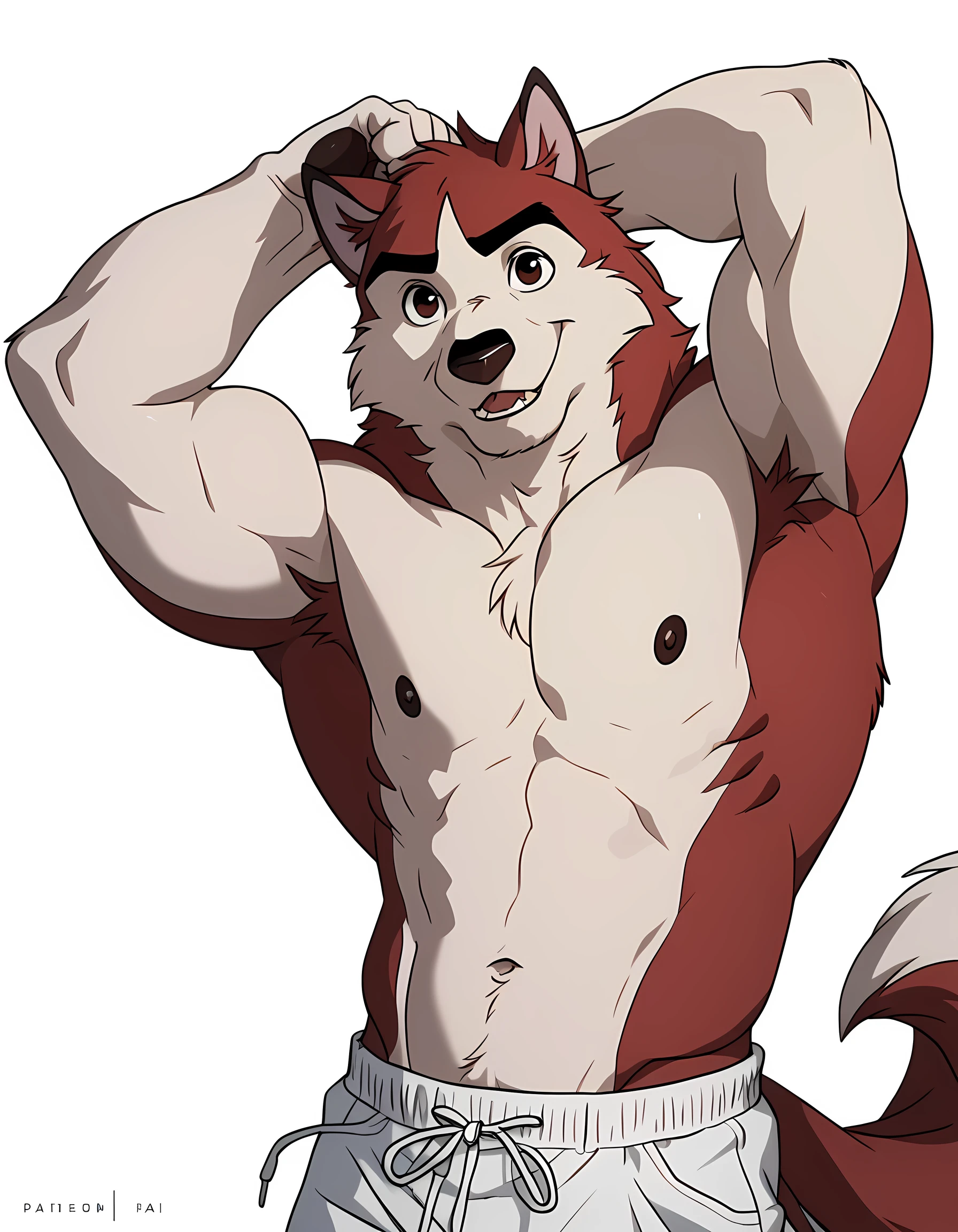 kodiak, husky, solo, detailed, detailed face, detailed eyes, anthro body, male,  adult, very muscular, pectorals, cartoon shading, cel shaded:1.0, flat colors, wearing (no background, white background):1.5, shirtless, wfa style, negger style, cartoony anatomy, above waist, looking at viewer, flexing biceps, pants