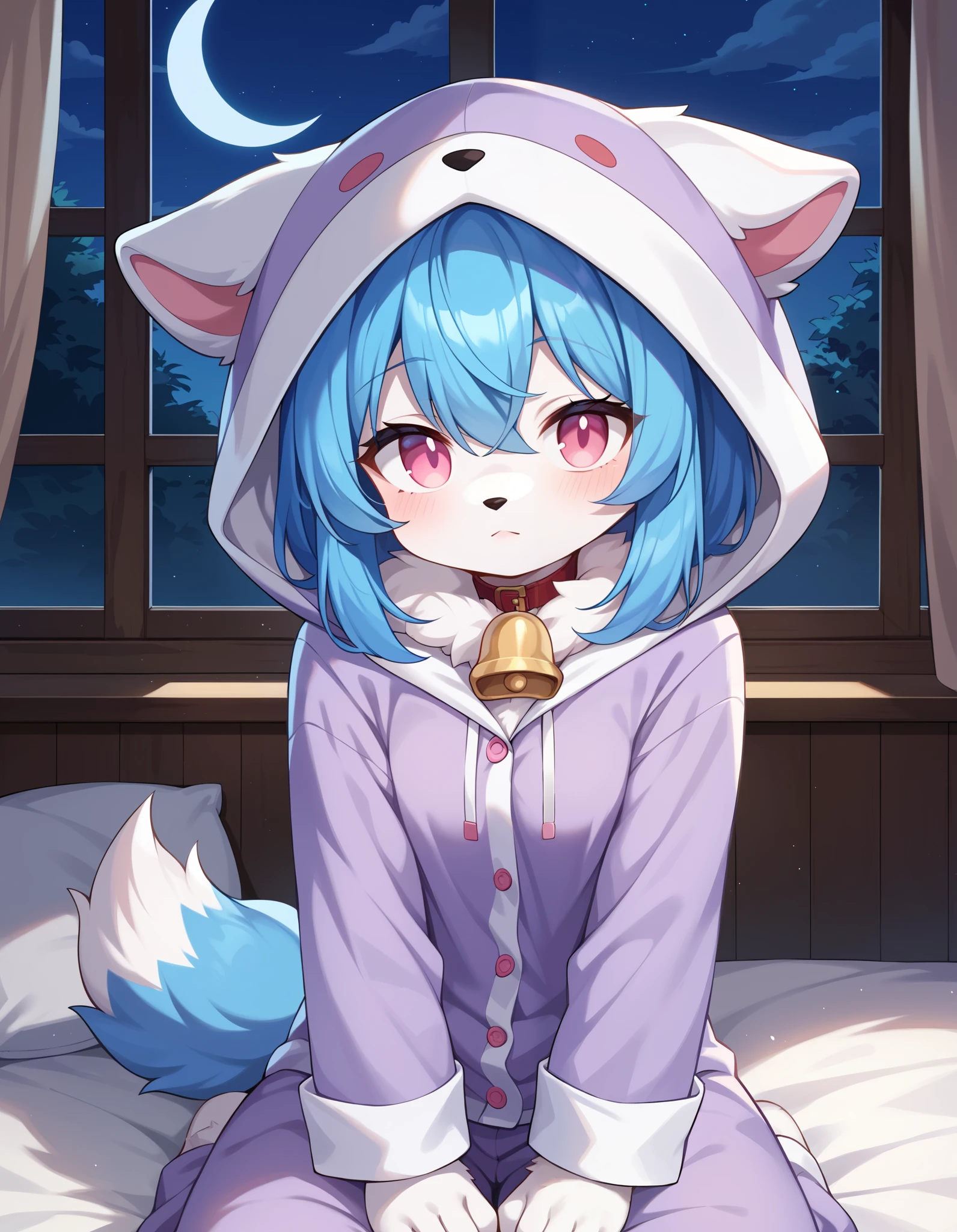 score_9, score_8_up, score_7_up, 1girl, solo, no humans, furry, fluffy fur, Wlkindredxl, anthro, white fur, white hands, shadow face, pink eyes, no pupils no mouth, animal hood, sidelocks, blue hair, pajamas, purple onesie, fur tuft, long sleeves, neck bell, upper body, cowboy shot, night, bedroom, pillow, sitting, window, hands on legs, close up, shadowperson 