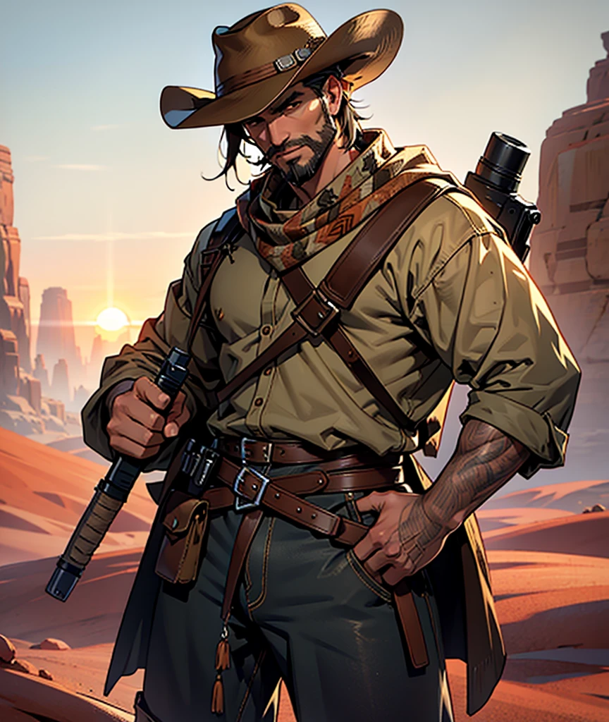 A cowboy with a primitive clothing design in a post-apocalyptic world. He rides a beautiful wild mustang horse in white and brown and holds his hat with one hand. He has a wheat twig in his mouth. The outfit is mostly brown and has Cheyenne ornaments. The torn outfit consists of a traditional PONCHO. A brown and black leather cowboy hat. He makes a gun sign with his fingers and points it at the viewer. In the background we can see a beautiful view of a red desert and tall cacti. Solo, 1 man, Serious, High resolution, Correct anatomy, Best quality, Fine details, Very detailed, UHD. Post-apocalyptic atmosphere. The man has a very cool and powerful style and pose. Wet hair, 3-day beard. Sunset, Extra realistic, Realistic, Photorealistic.  we can clearly see the cowboy's face, worn by time and a heavy history.